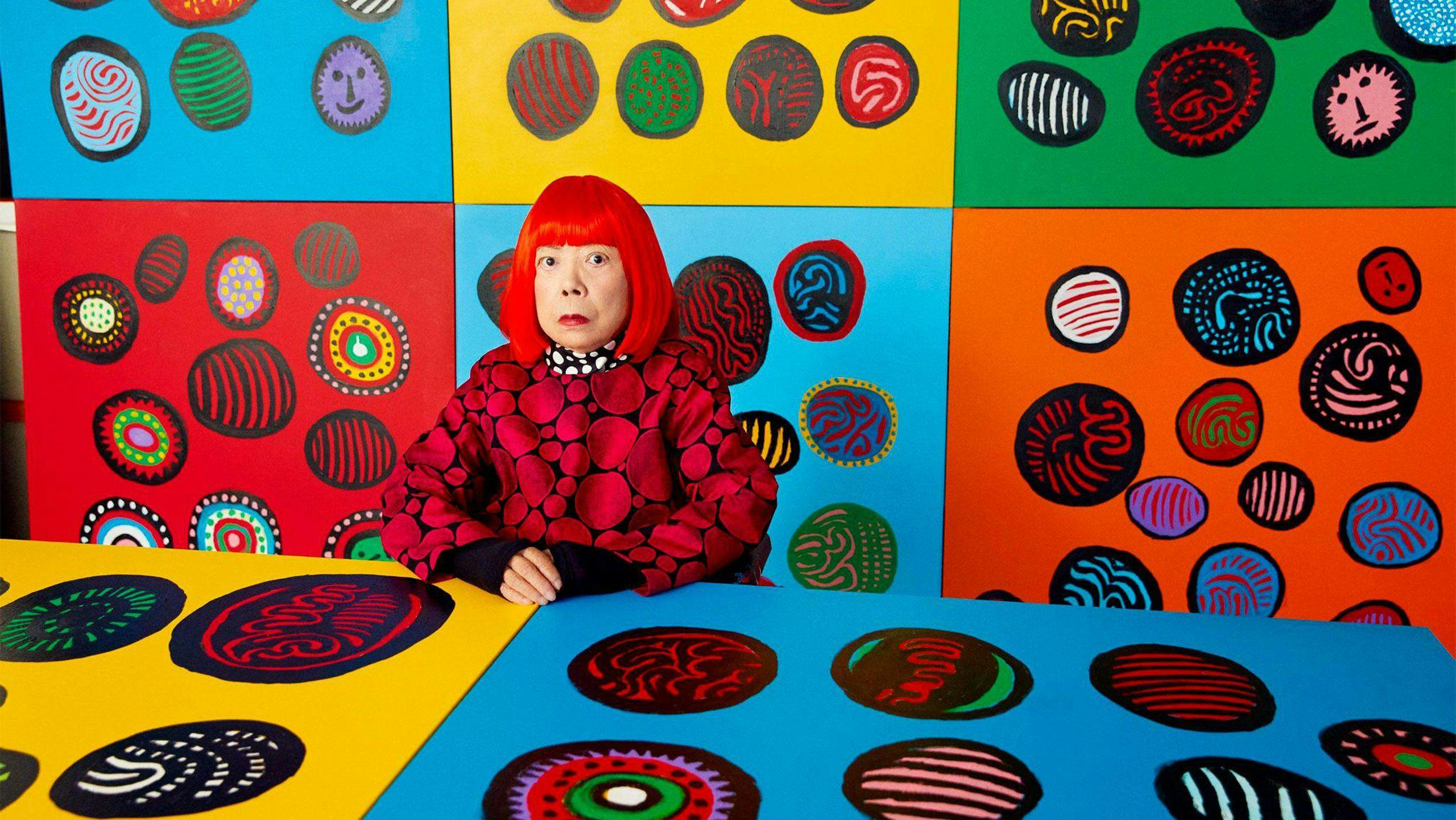A portrait of Yayoi Kusama in her studio in 2021, taken by Yusuke Miyazaki.