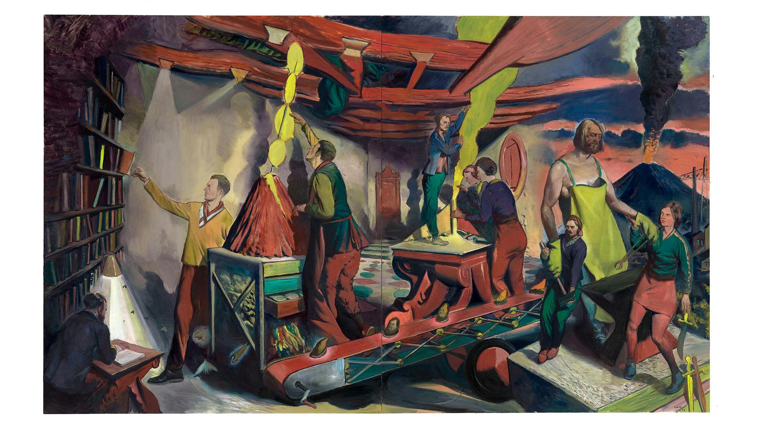A painting by Neo Rauch, titled Vulkanschule, dated 2022