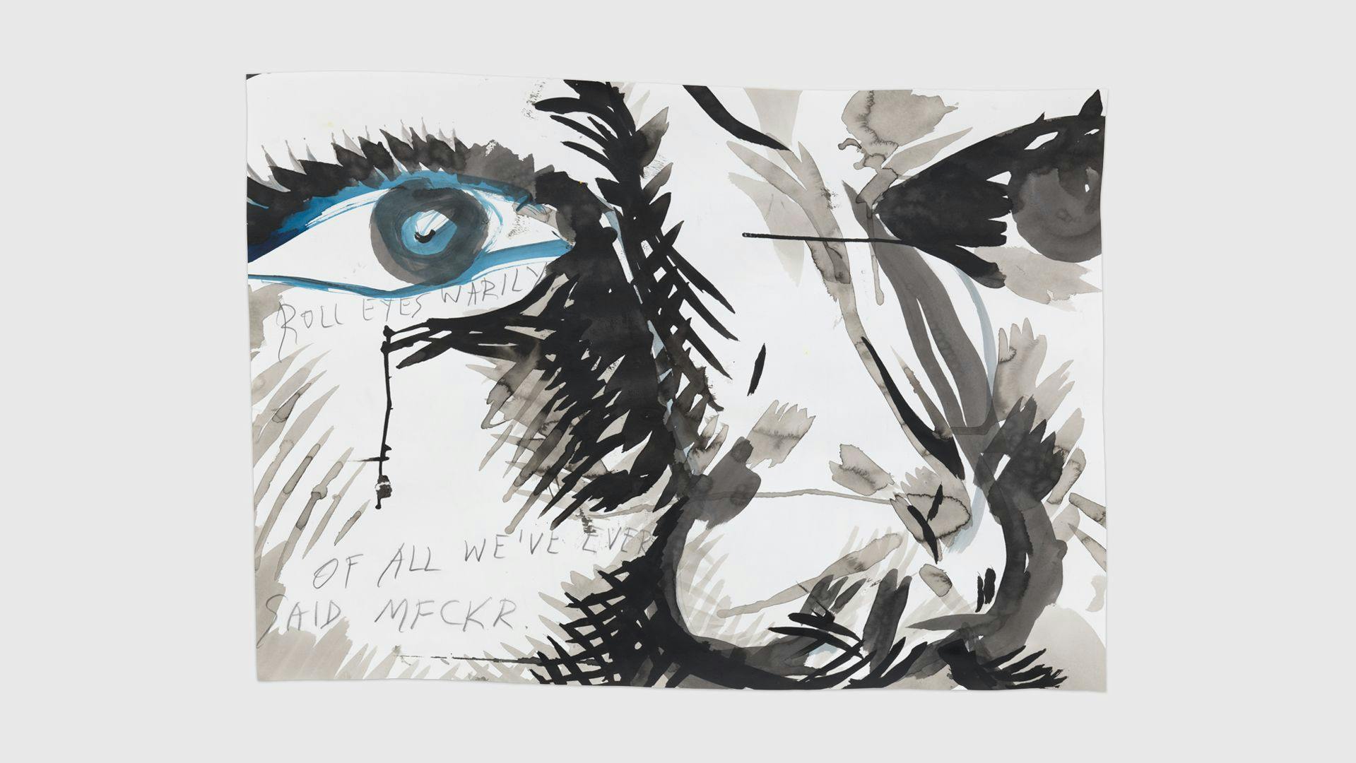 An ink, colored pencil, and graphite drawing on paper by Raymond Pettibon, titled No Title (Roll eyes warily...), dated 2019.
