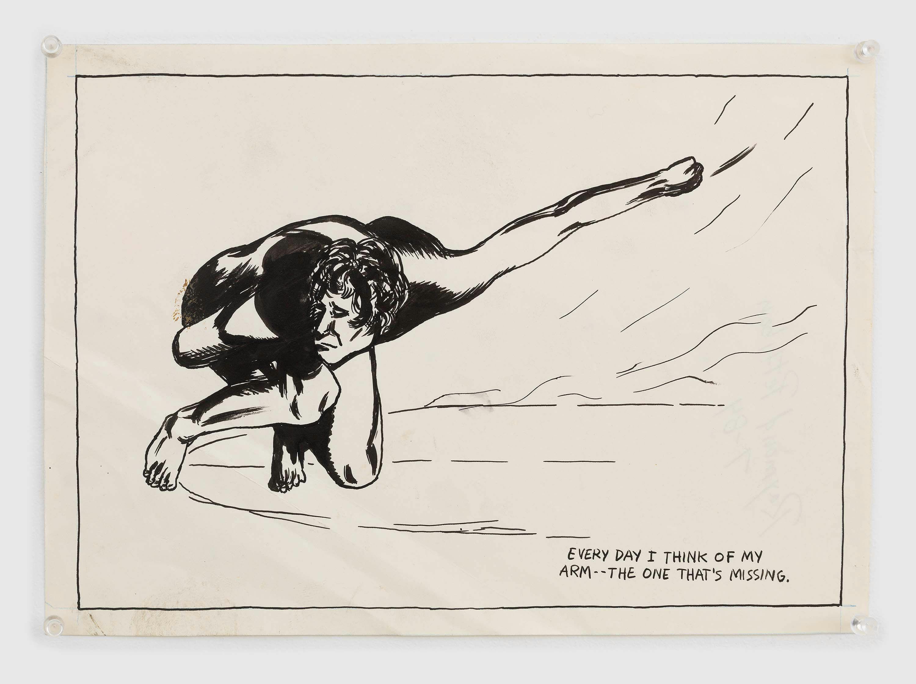 A drawing by Raymond Pettibon titled No Title (Every day I...), dated 1984.