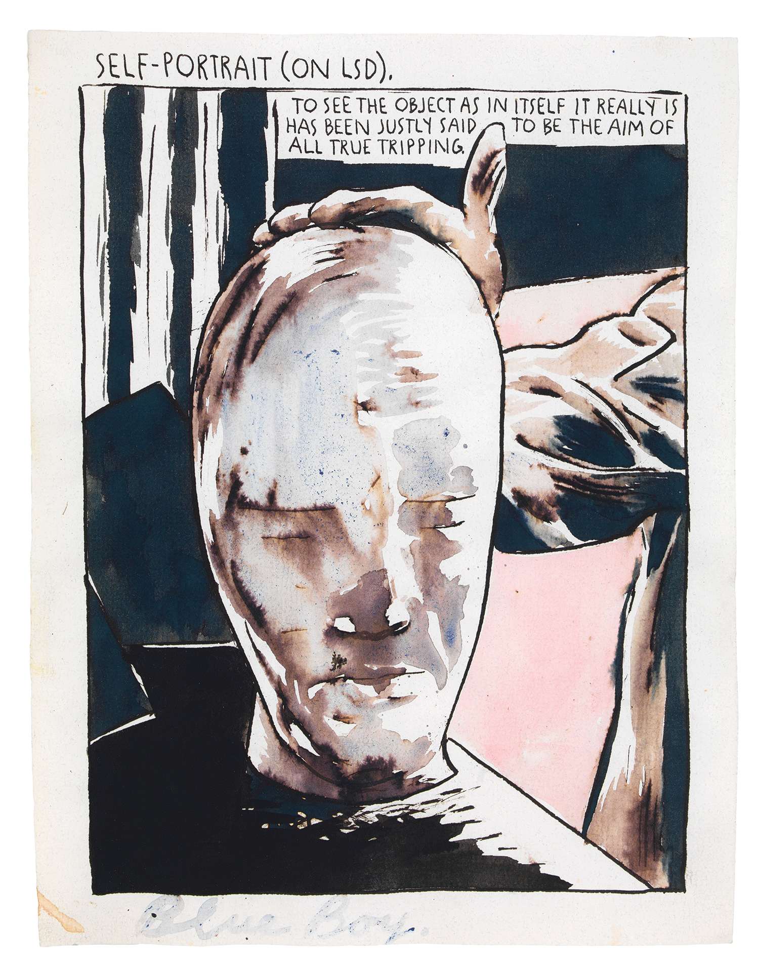 A drawing by Raymond Pettibon titled No Title (Self-portrait (on...)), dated 1990.