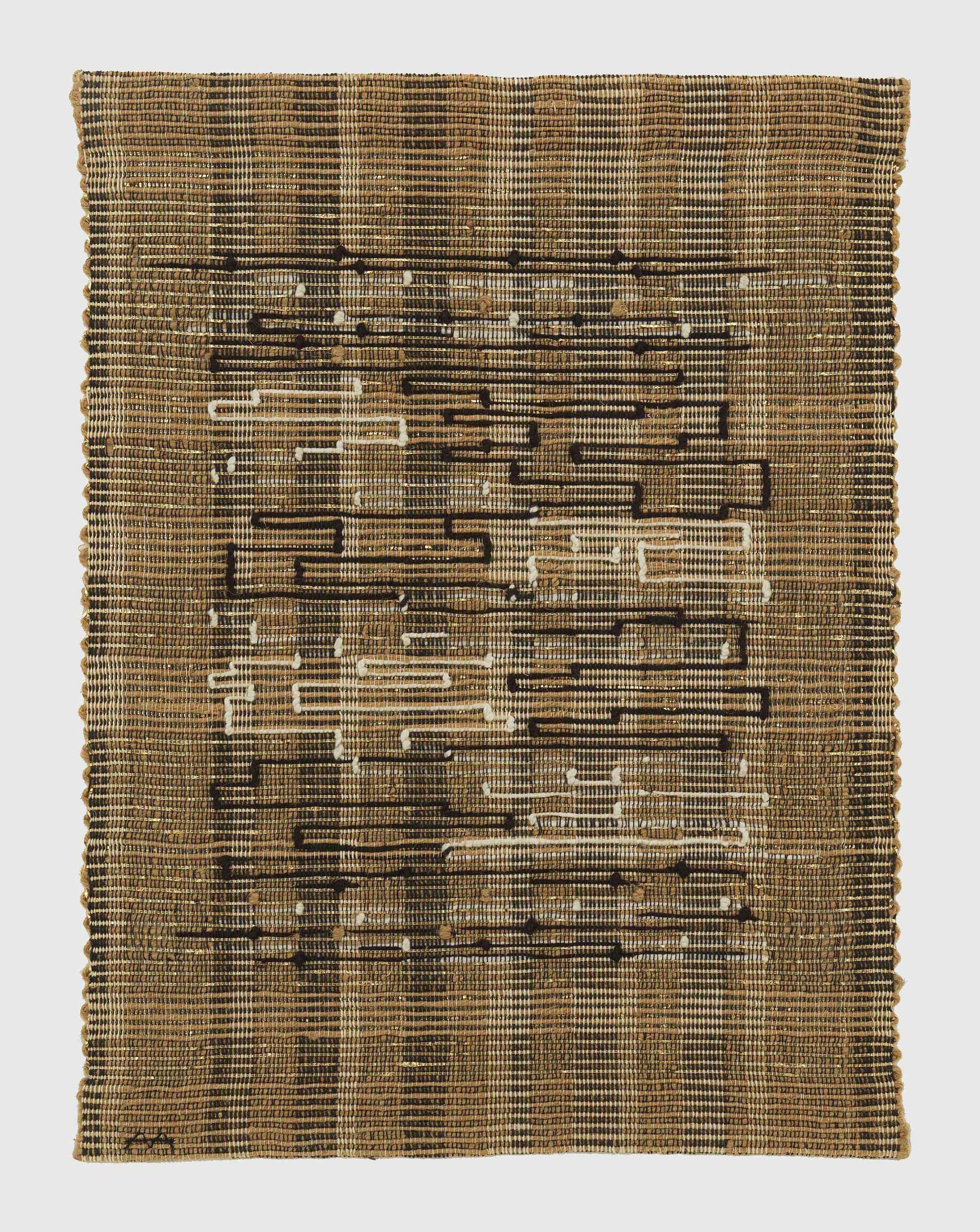 A textile by Anni Albers, titled Black-White-Gold 1, dated 1950.
