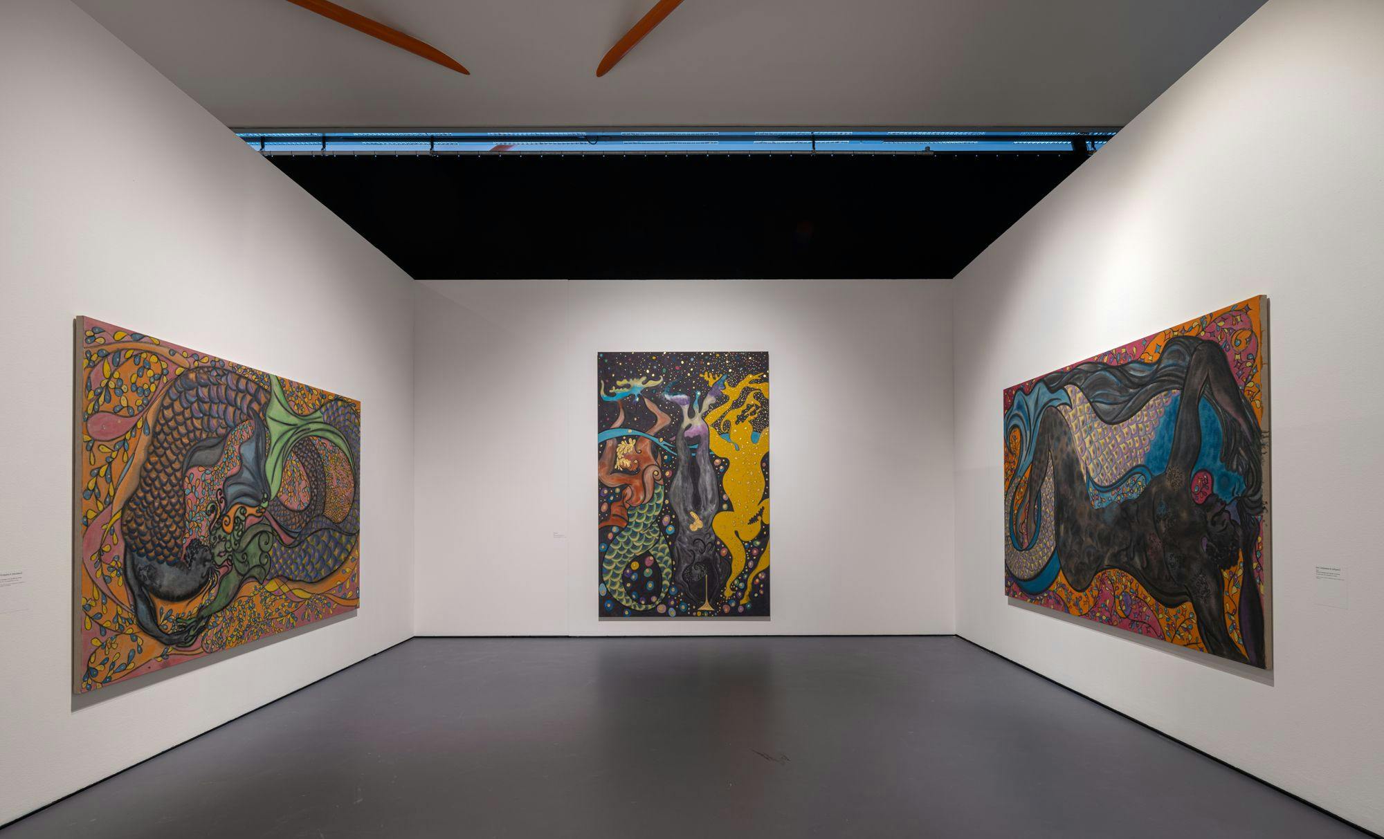 Installation view of Chris Ofili’s work shown In the Black Fantastic at Kunsthal Rotterdam, dated 2022–2023