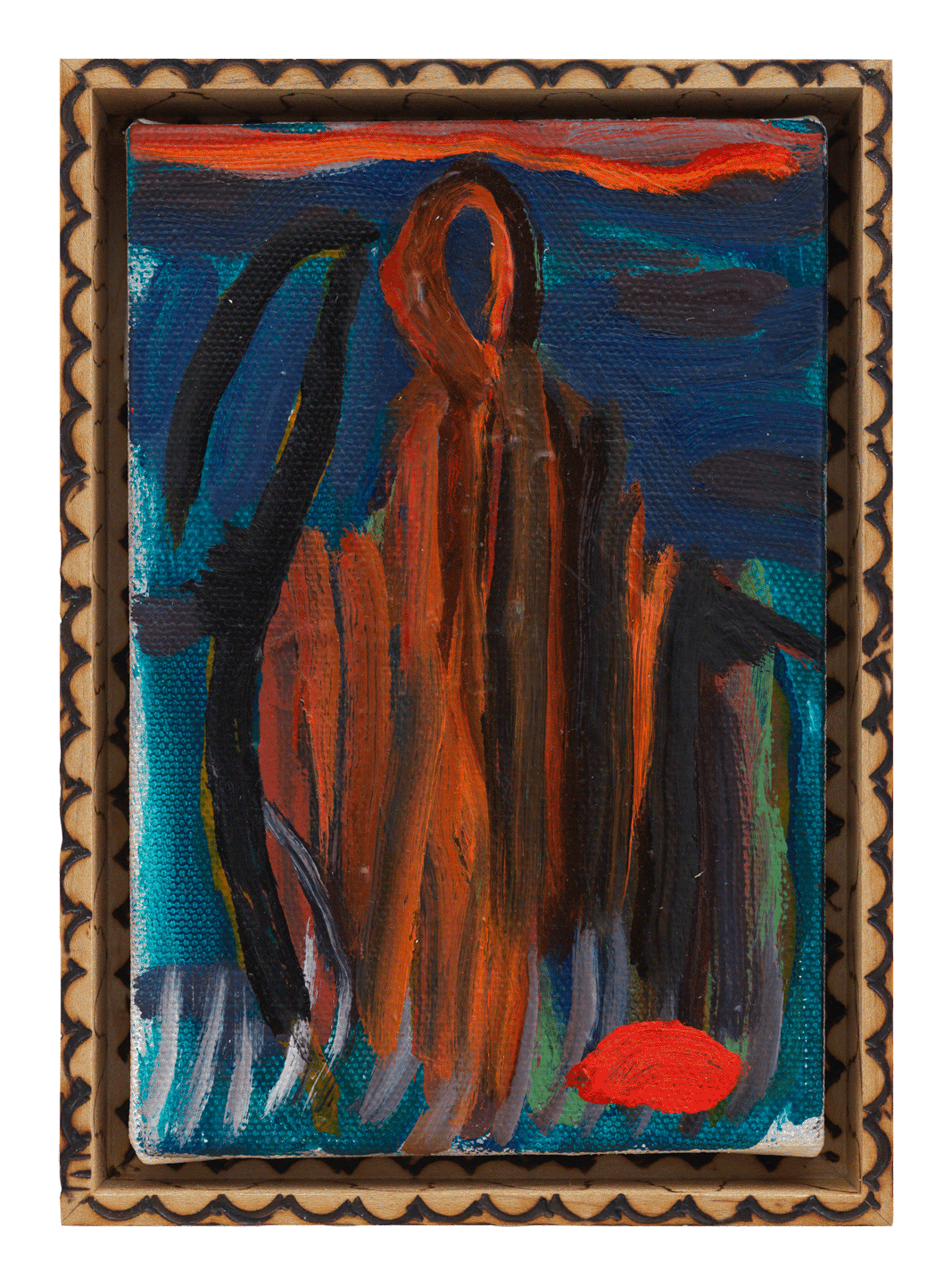 An oil painting on canvas in artist's frame by Josh Smith, titled Small Reaper, dated 2019.