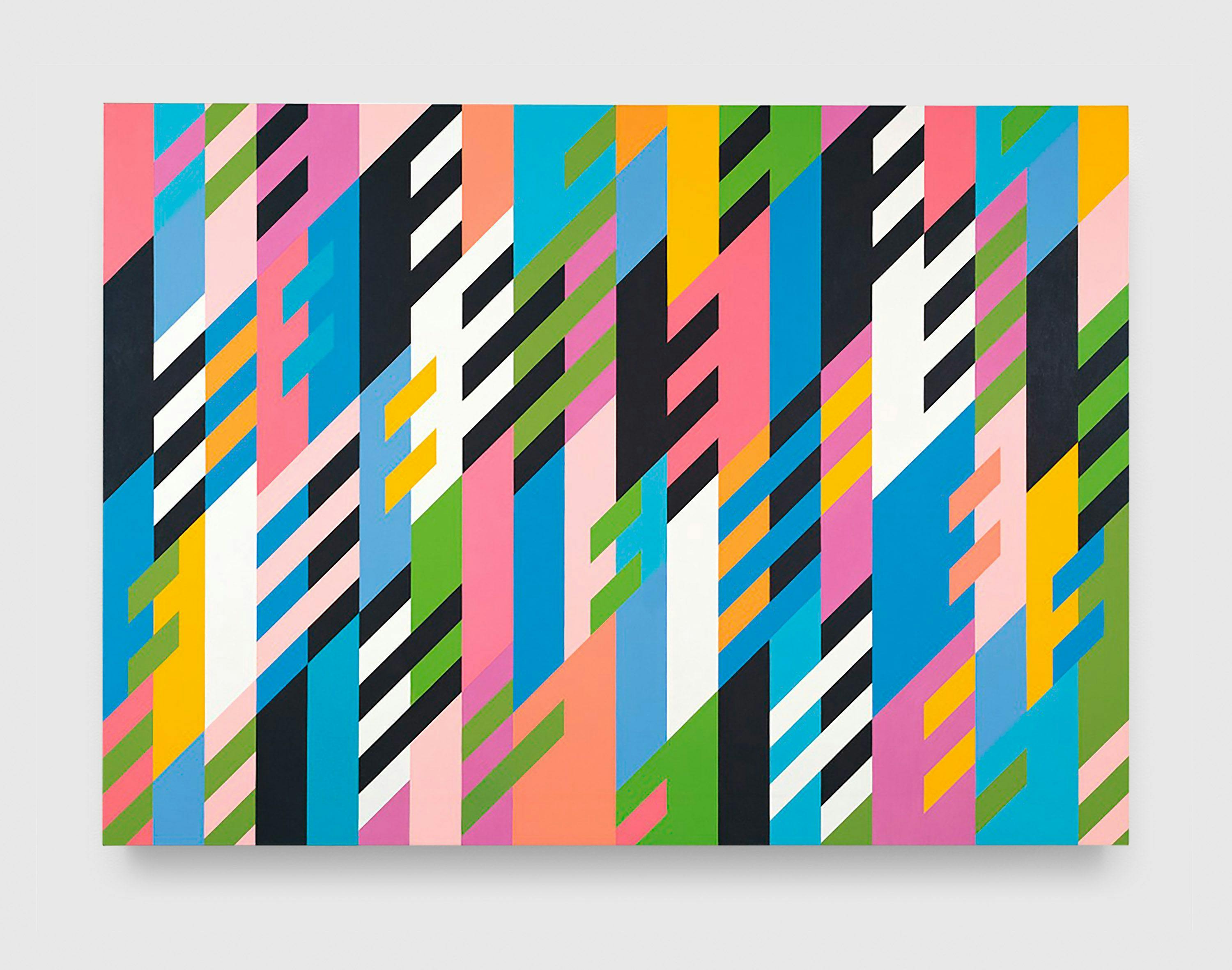 A painting by Bridget Riley, titled Justinian, dated 1988.