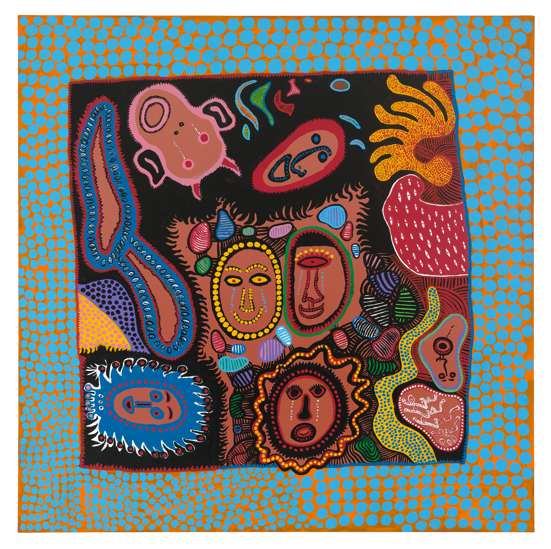 A painting by Yayoi Kusama, titled I WHO CRY IN THE FLOWERING SEASON, dated 2015.