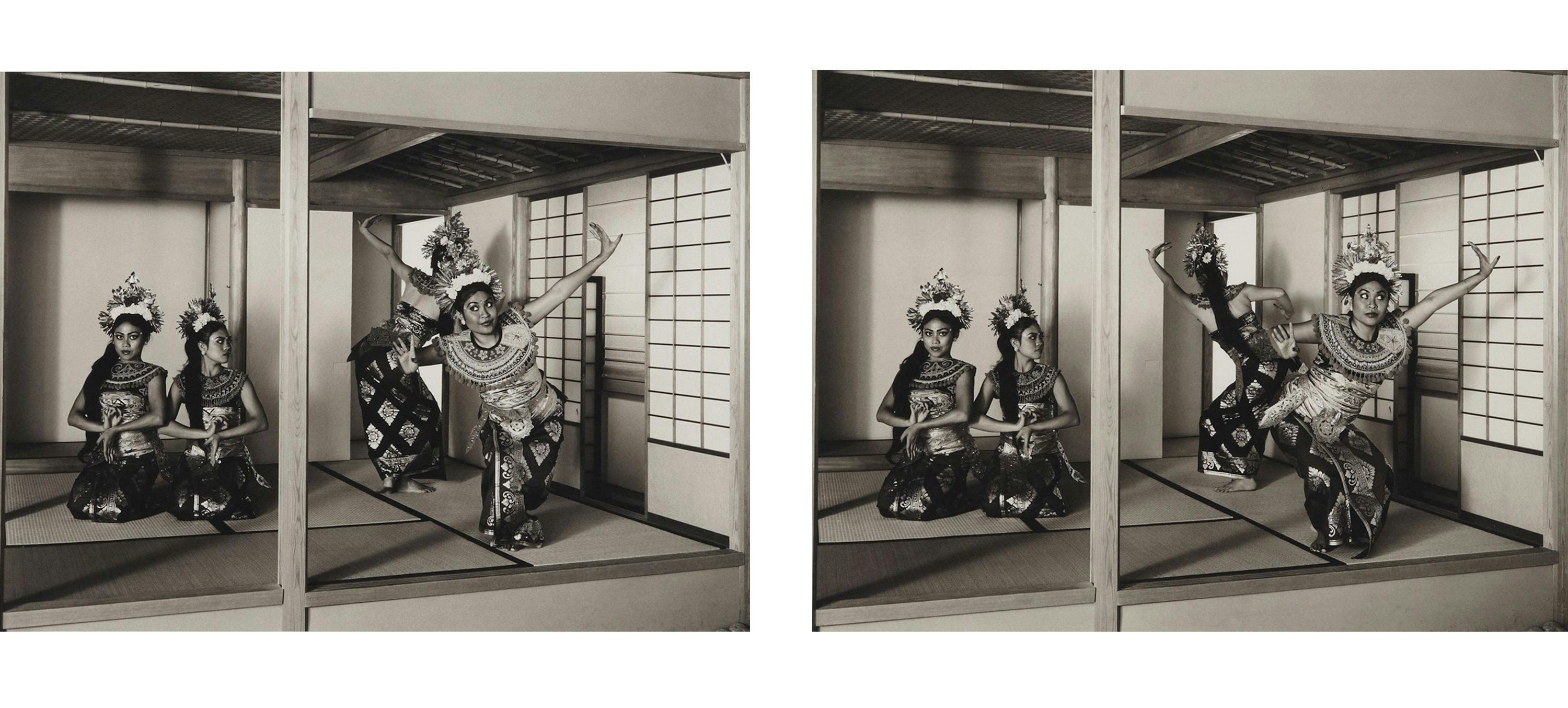A photograph by Christopher Williams, titled From left to right: Mita Wimboprasetyo, Wuri Wimboprasetyo, Sandra Kosasih, Nancy Allard performing an excerpt from Janger. (Nr. 1 and 2), dated 2002.