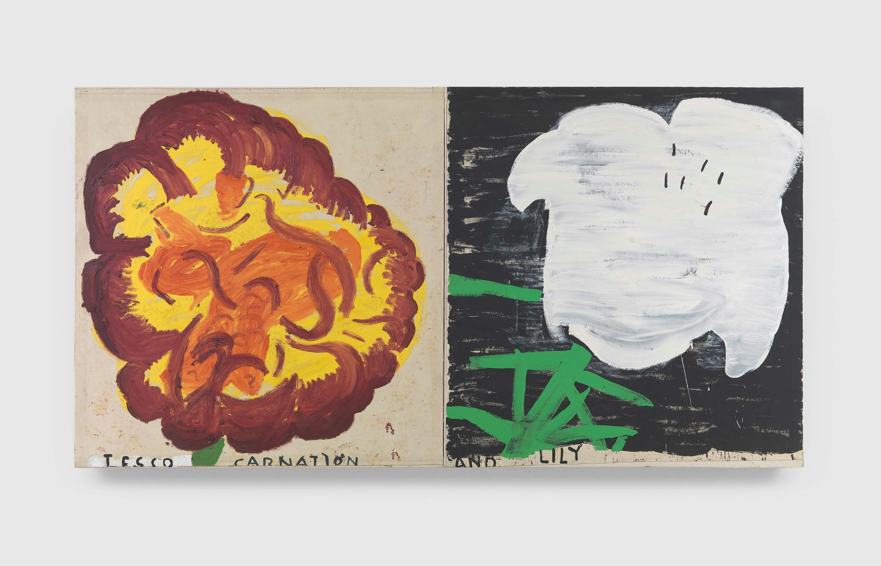 A painting by Rose Wylie, titled Flowerpiece, Carnation and Lily, dated 2010.