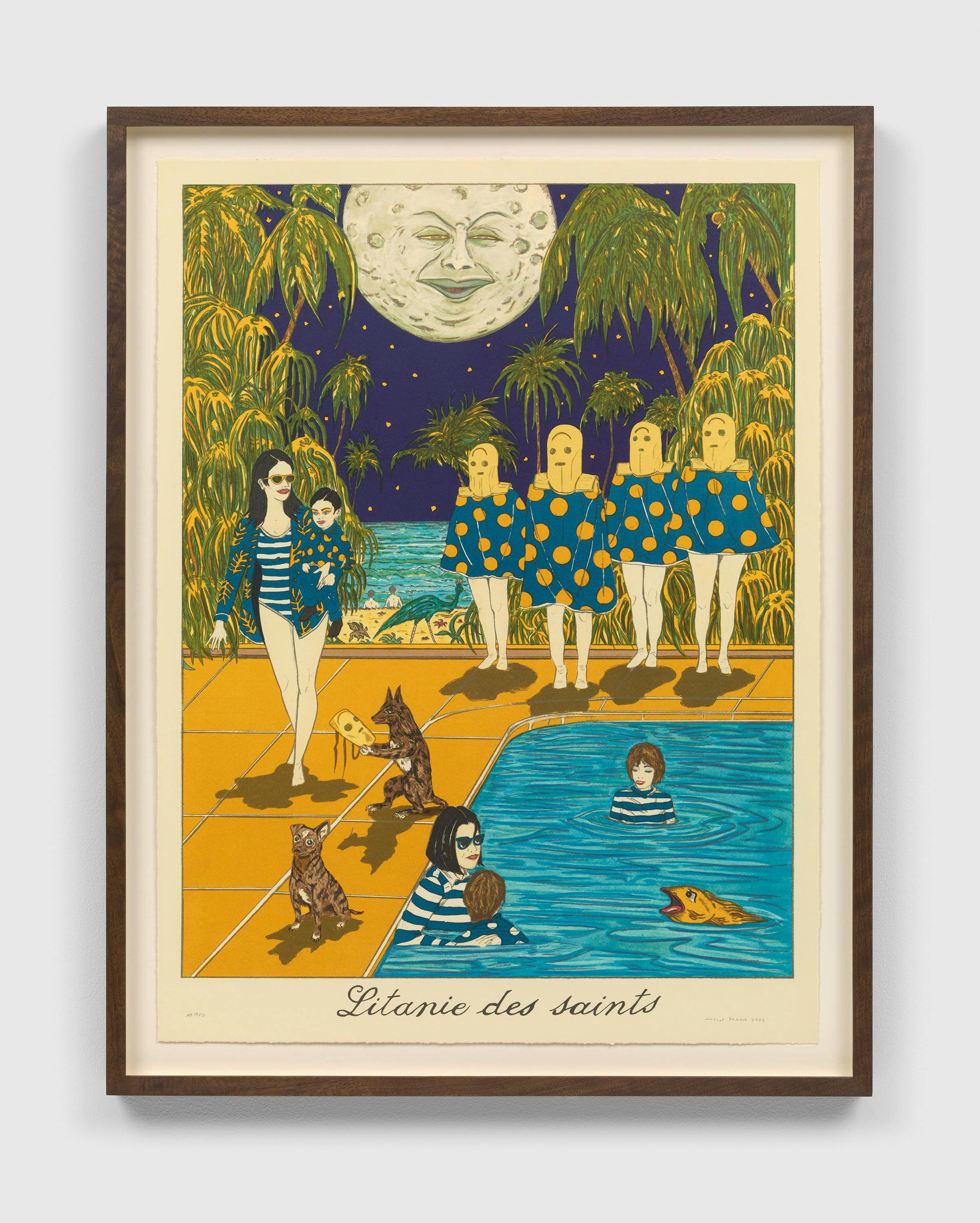 A print by Marcel Dzama, titled Under for opening eyelids of the moon, dated 2021.