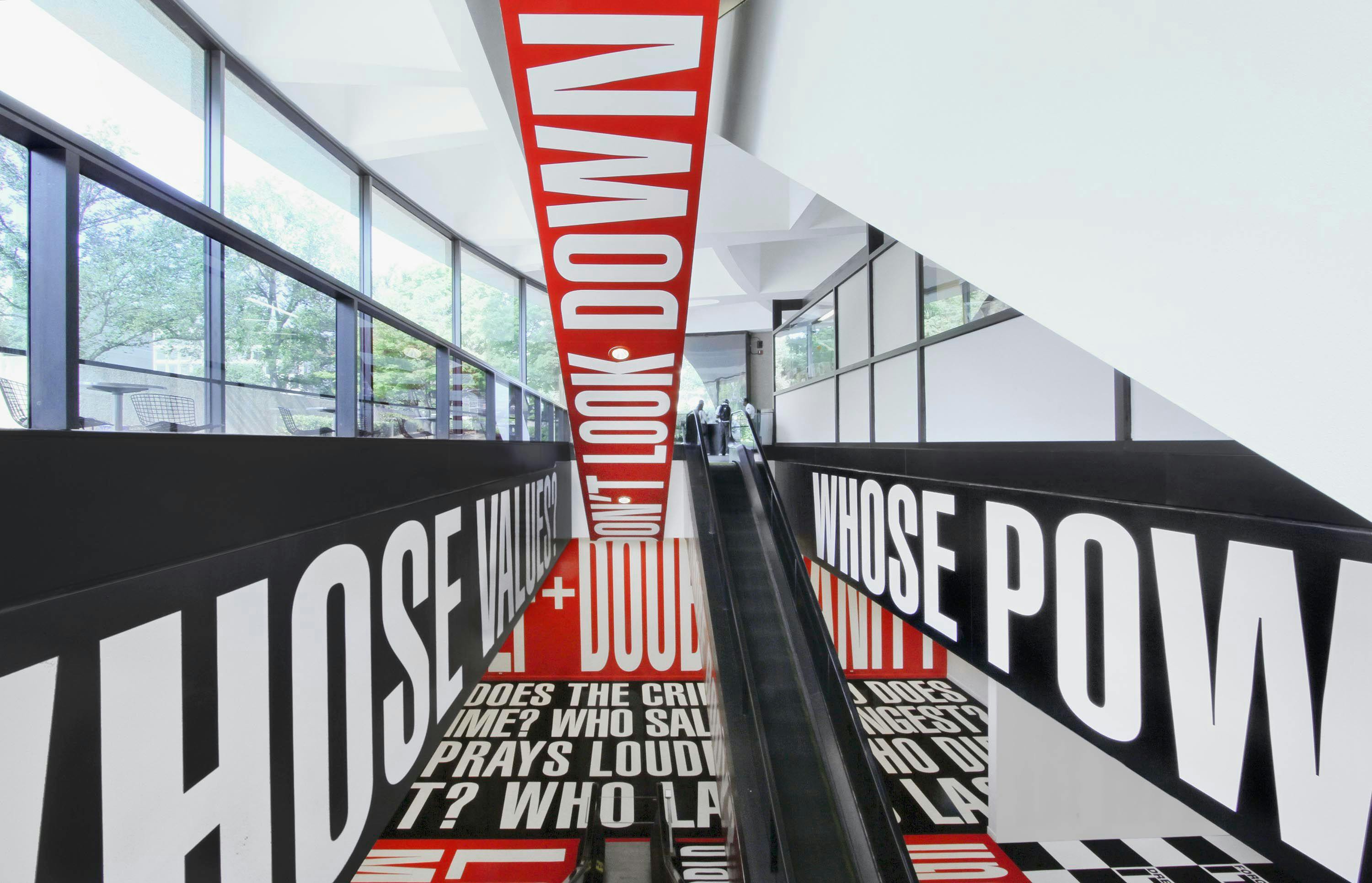 Installation view of the exhibition, Barbara Kruger: Belief plus Doubt, at the Hirshhorm Museum and Sculpture Garden in Washington, DC, dated 2012 to present.