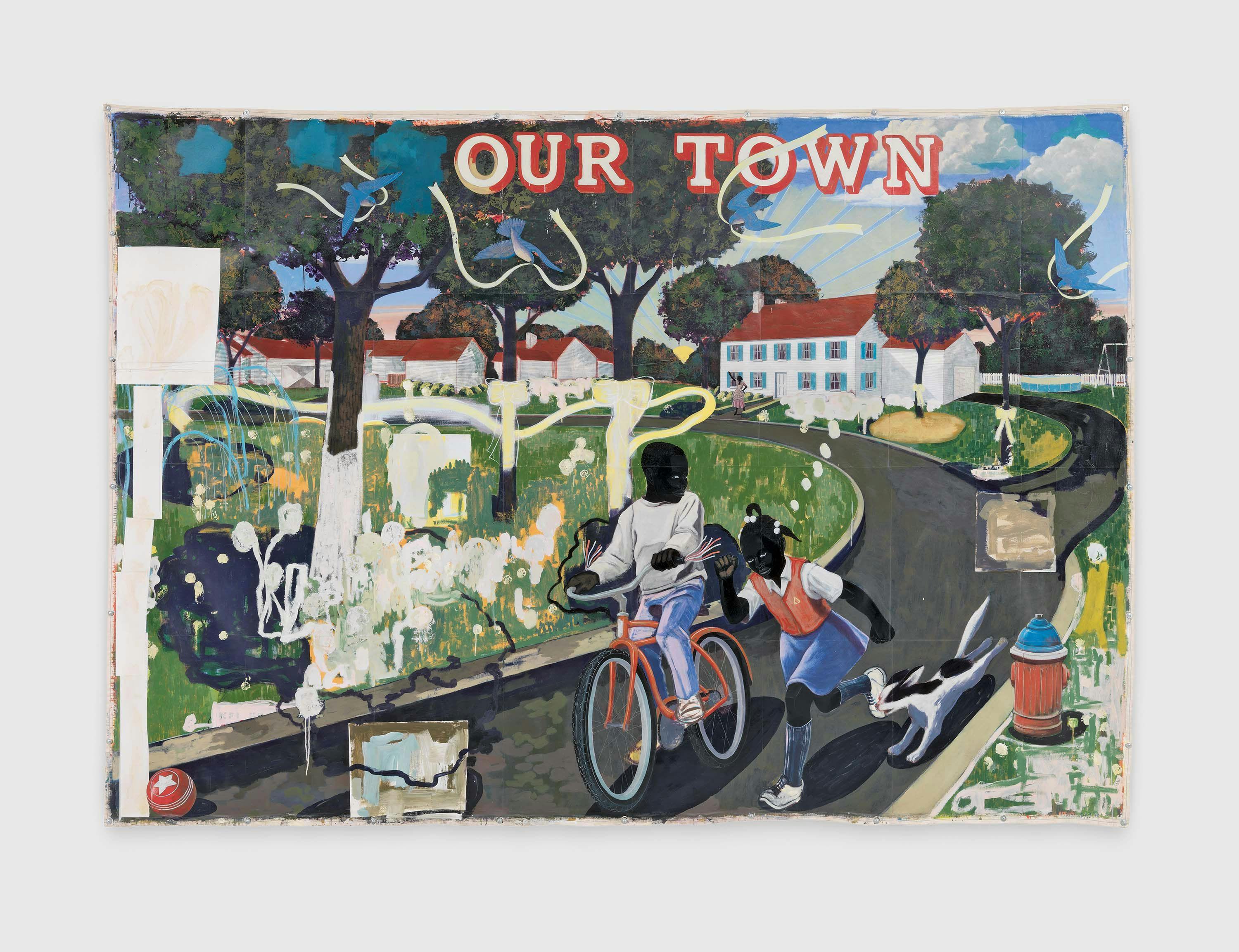 A painting by Kerry James Marshall, titled Our Town, dated 1995.