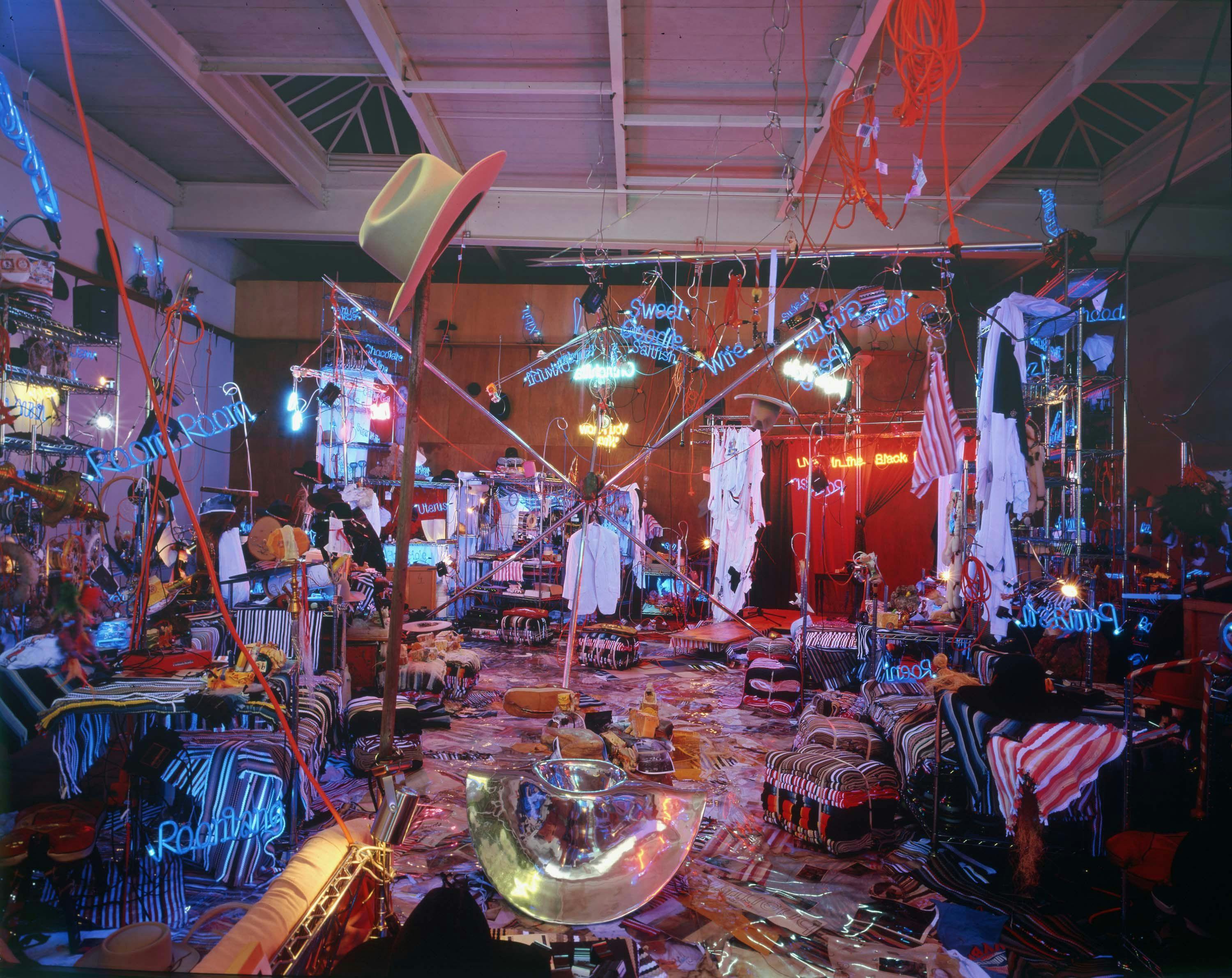 An installation view of the exhibition, Jason Rhoades: Black Pussy at David Zwirner in New York, dated 2007.