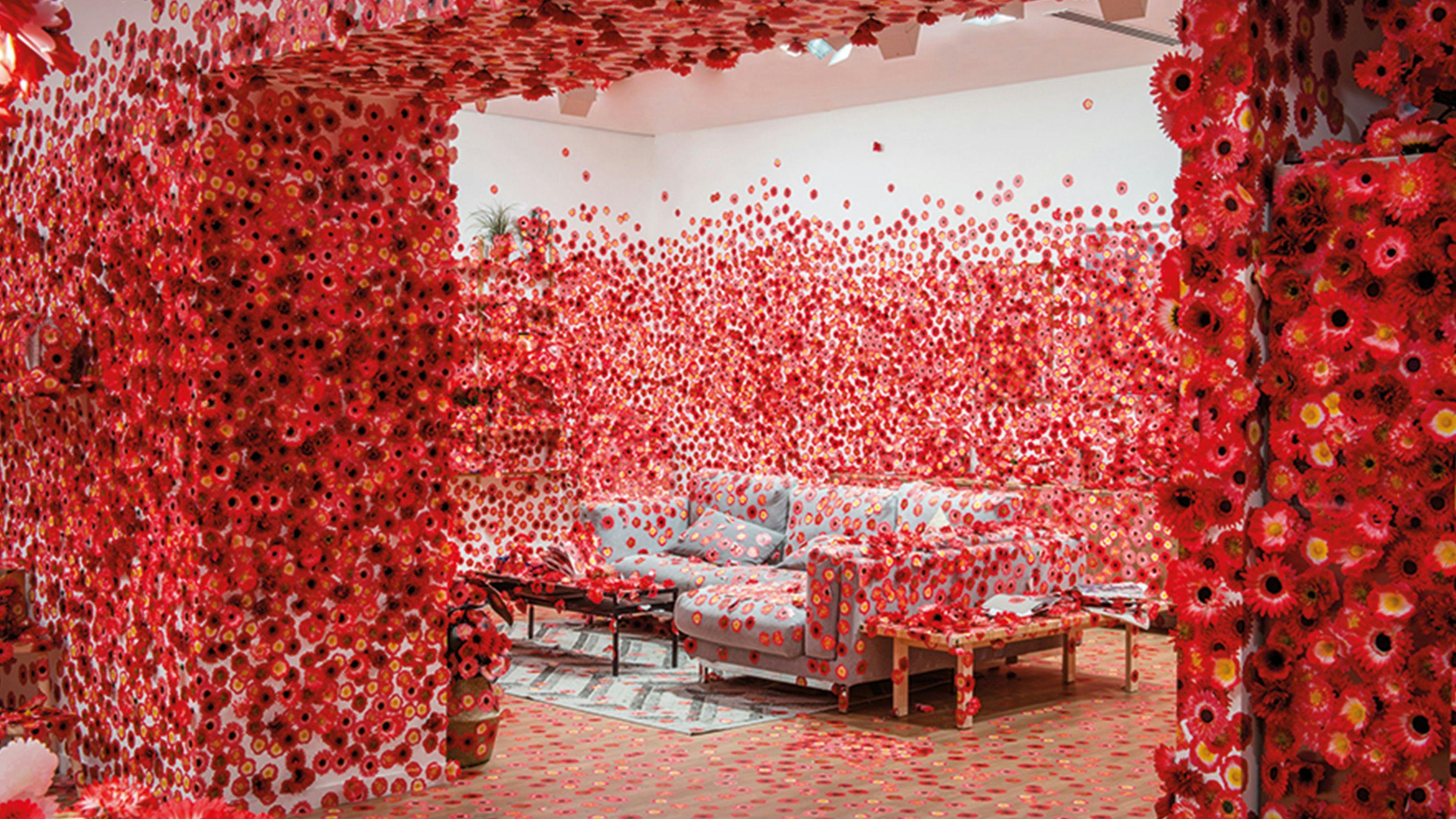 Installation view of Yayoi Kusama's exhibition "Flower Obsession," at NGV Triennial at the National Gallery of Victoria, Melbourne, dated 2017.