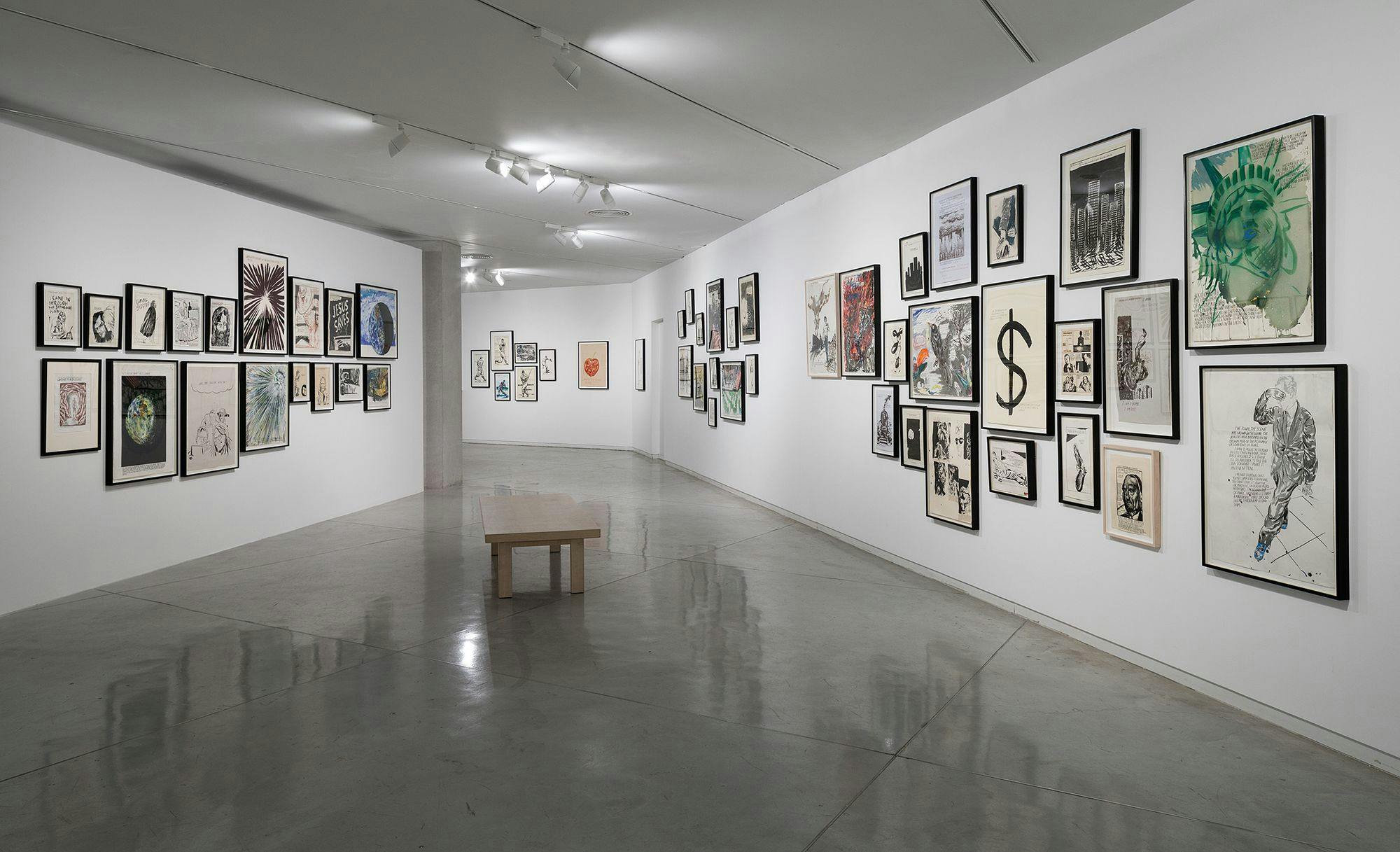 An installation view of Raymond Pettibon: And What is Drawing For? at the Tel Aviv Museum of Art, 2019–2020
