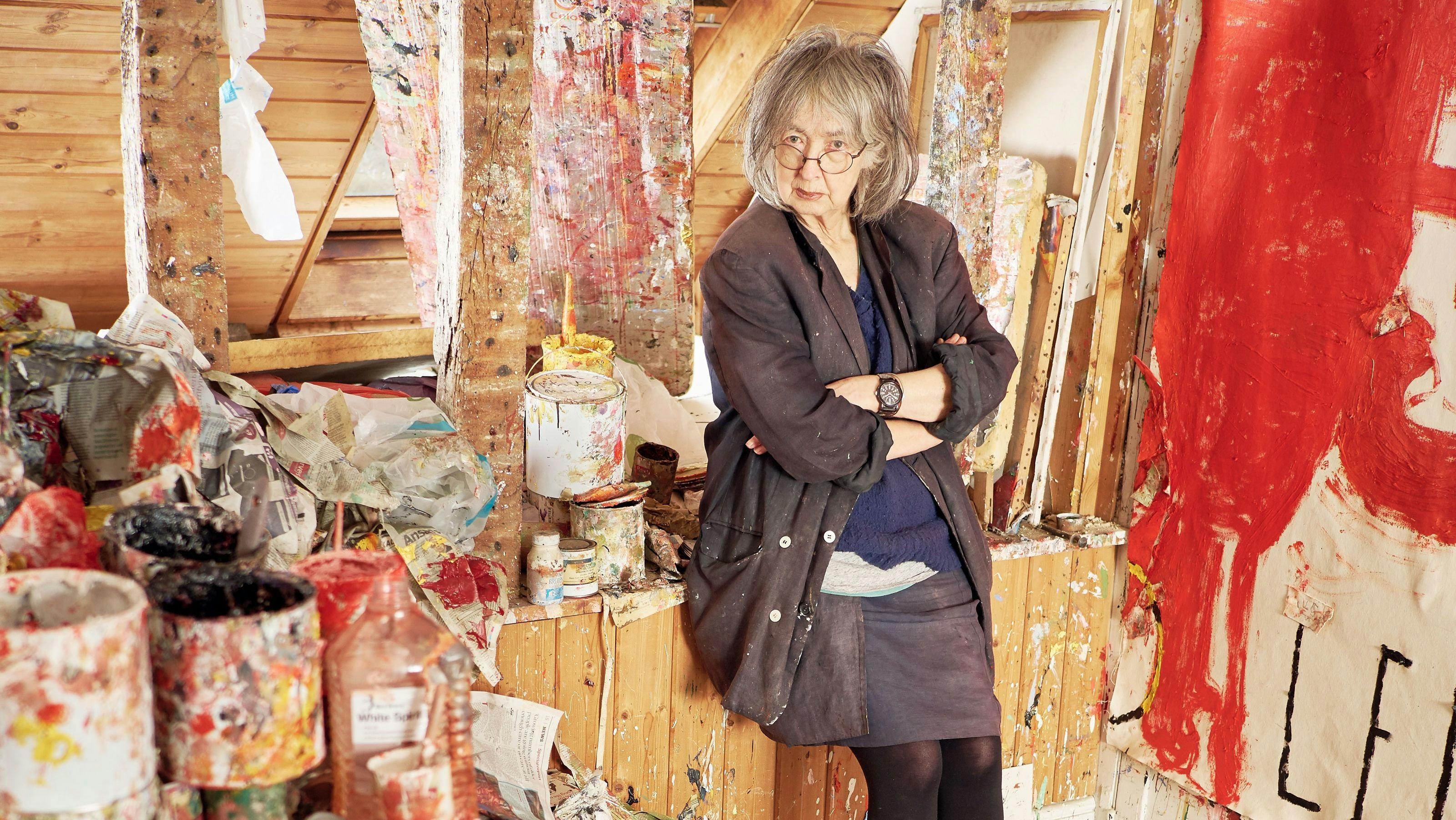 A photograph of Rose Wylie in her studio by Joe McGorty.