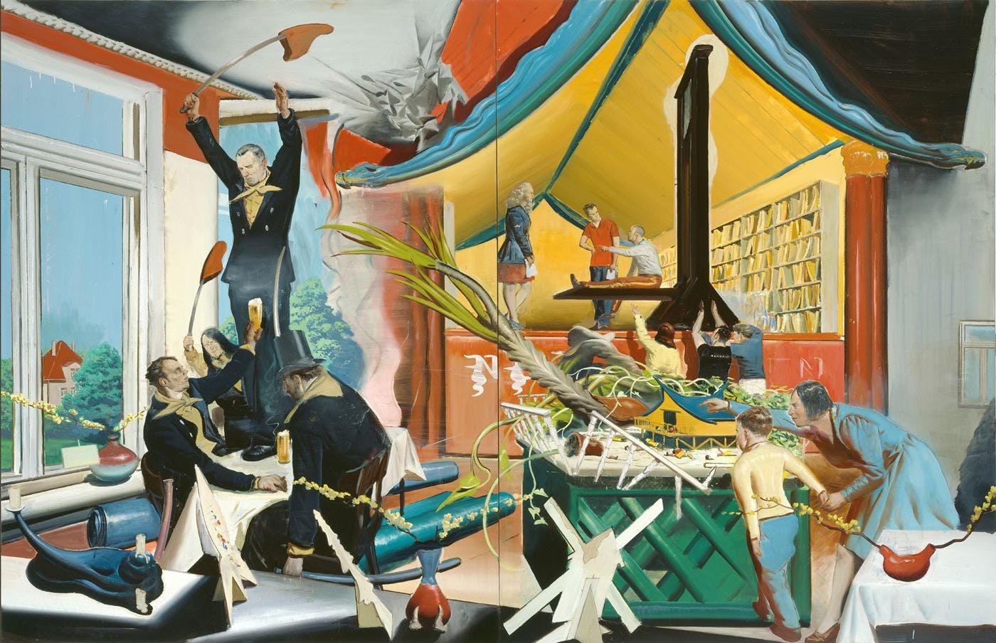 A painting by Neo Rauch, titled Neue Rollen, dated 2005.