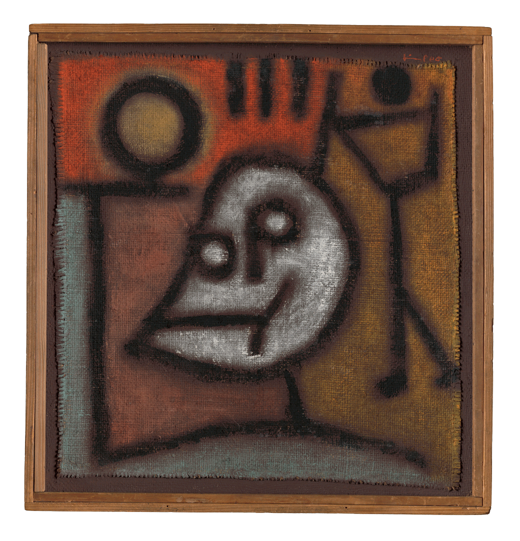 A mixed media work on burlap by Paul Klee, titled Tod und Feuer,1940, 332 Death and Fire, 1940, 332, dated 1940.