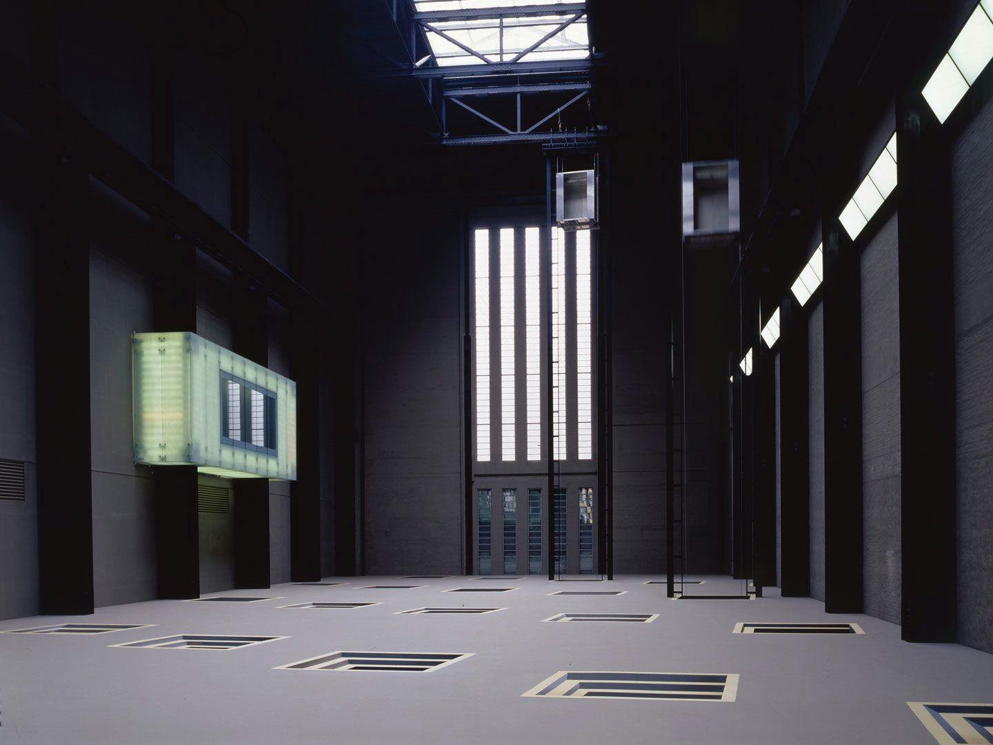 A mixed media sculptural installation by Juan Muñoz, titled Double Bind, dated 2001, at Tate Modern, in London, England, in 2001.