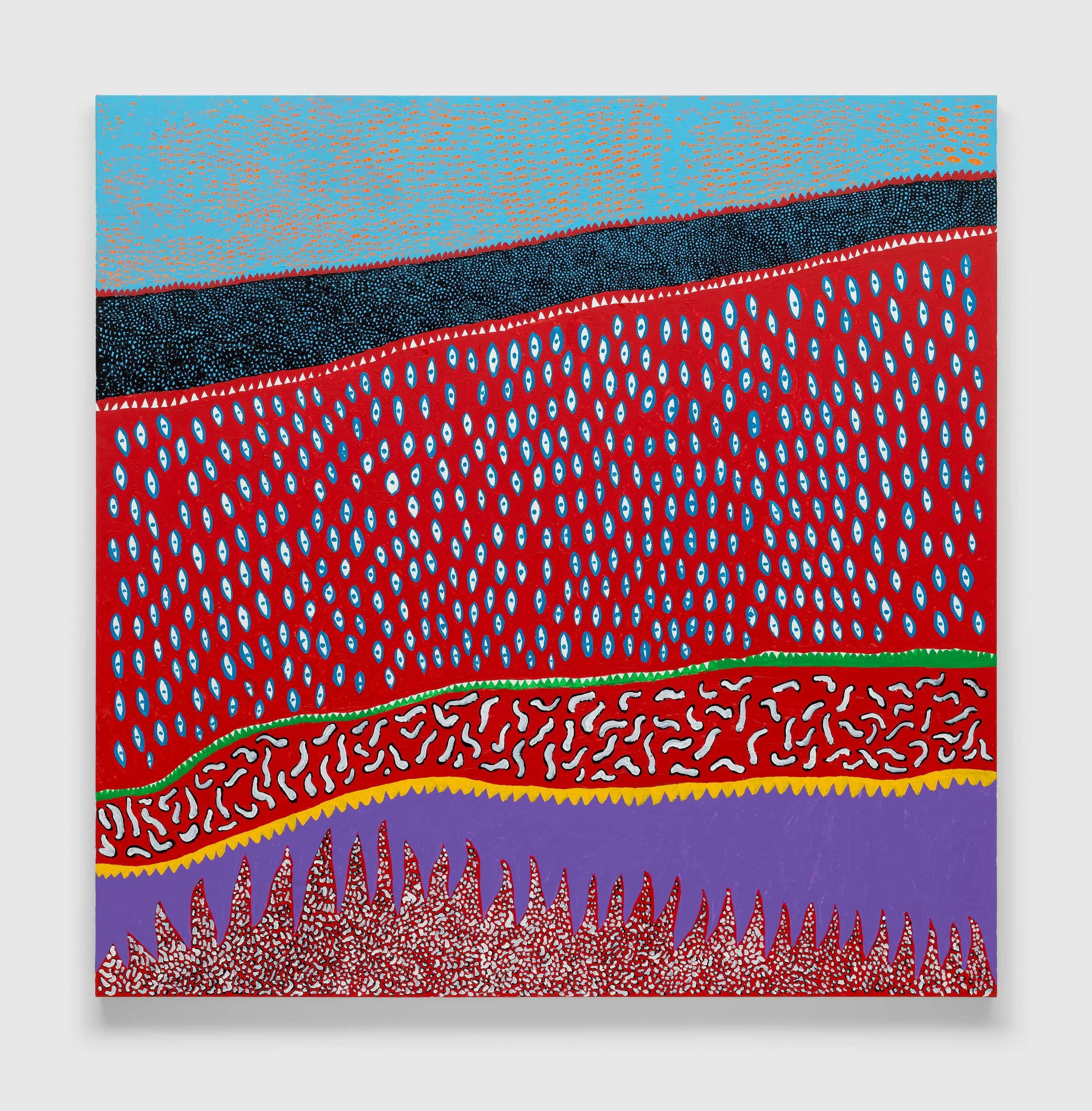 A painting by Yayoi Kusama, titled RESTING AT THE RIVERSIDE, dated 2014.