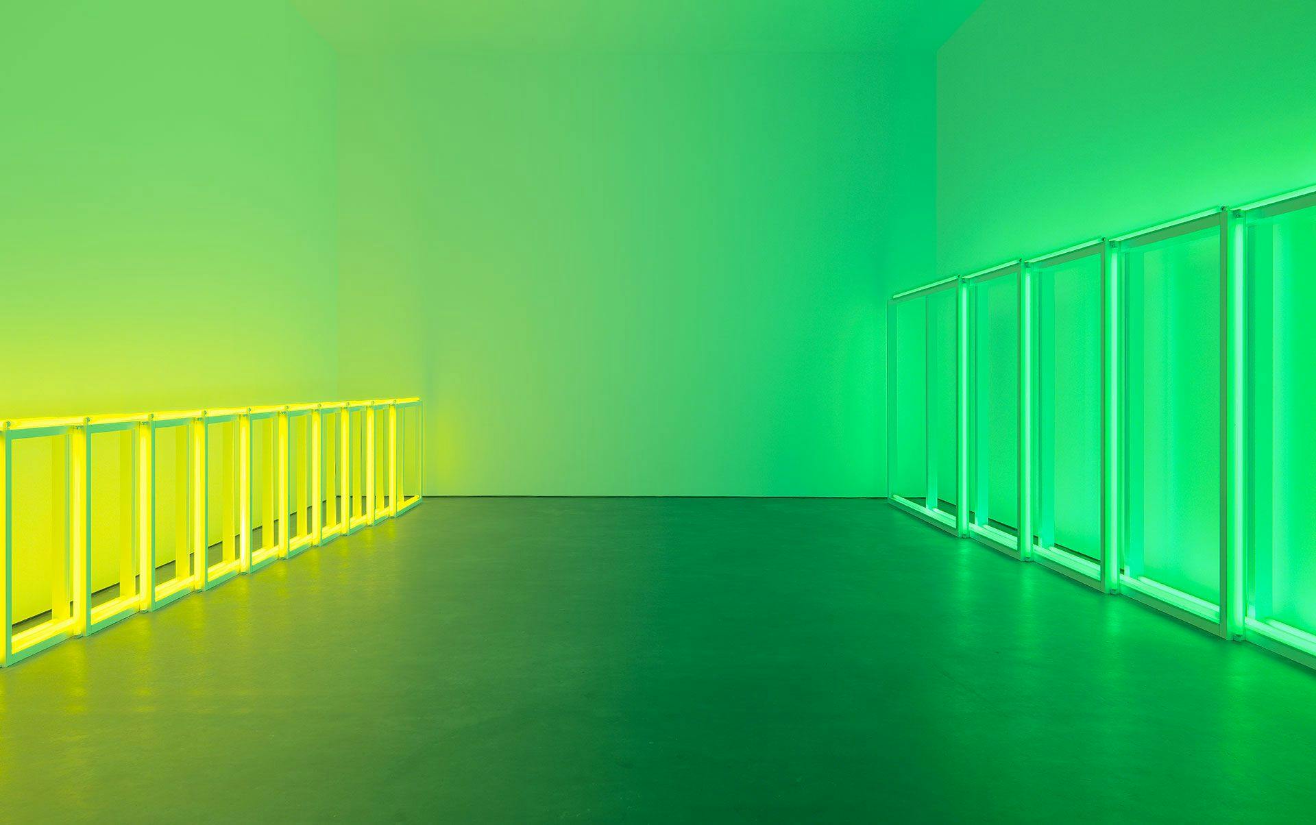 A two part sculpture in yellow and green fluorescent light by Dan Flavin, titled untitled (to Sonja), dated 1969.