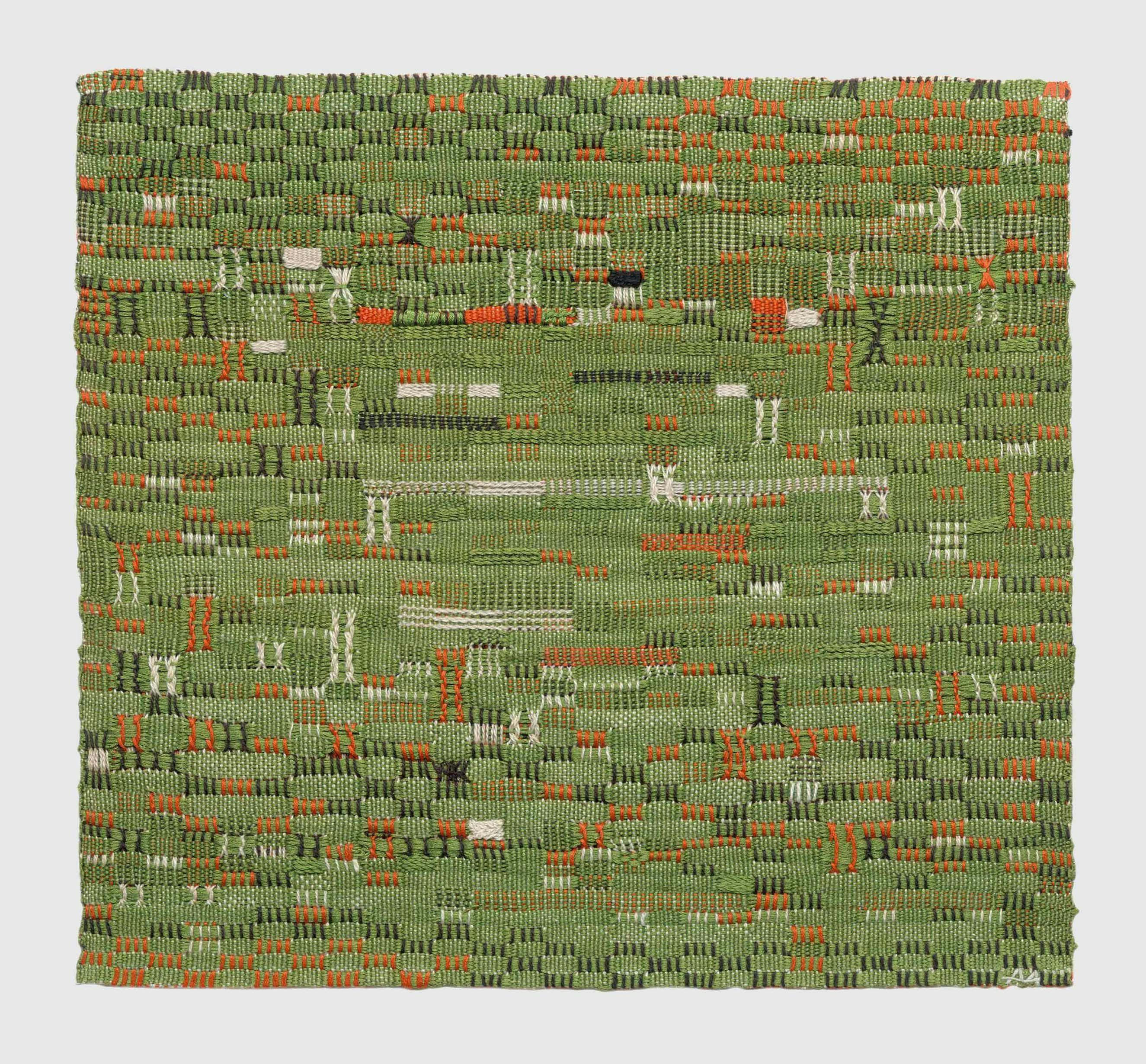 A cotton textile by Anni Albers, titled Pasture, dated 1958.