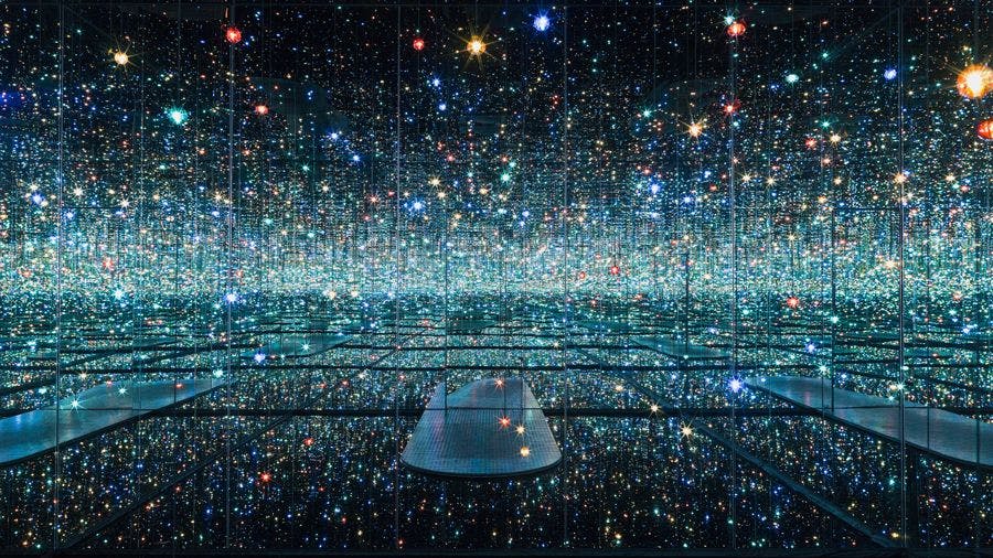 An installation view of Yayoi Kusama, INFINITY MIRRORED ROOM - THE SOULS OF MILLIONS OF LIGHT YEARS AWAY, dated 2013
