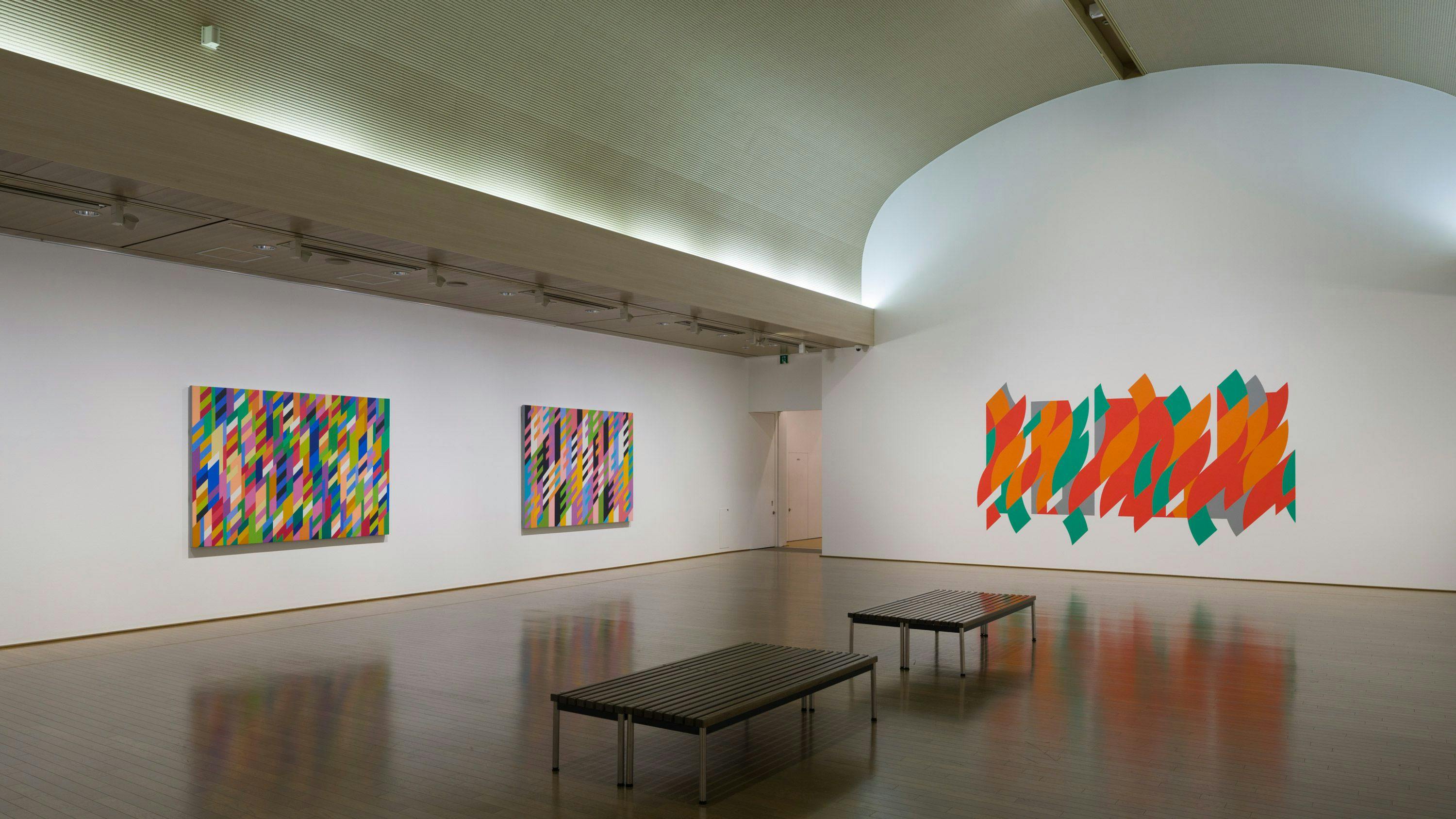 An installation view of the exhibition, Bridget Riley: Paintings from the 1960s to the Present, at Kawamura Memorial DIC Museum of Art, Sakura, Japan, dated 2018.