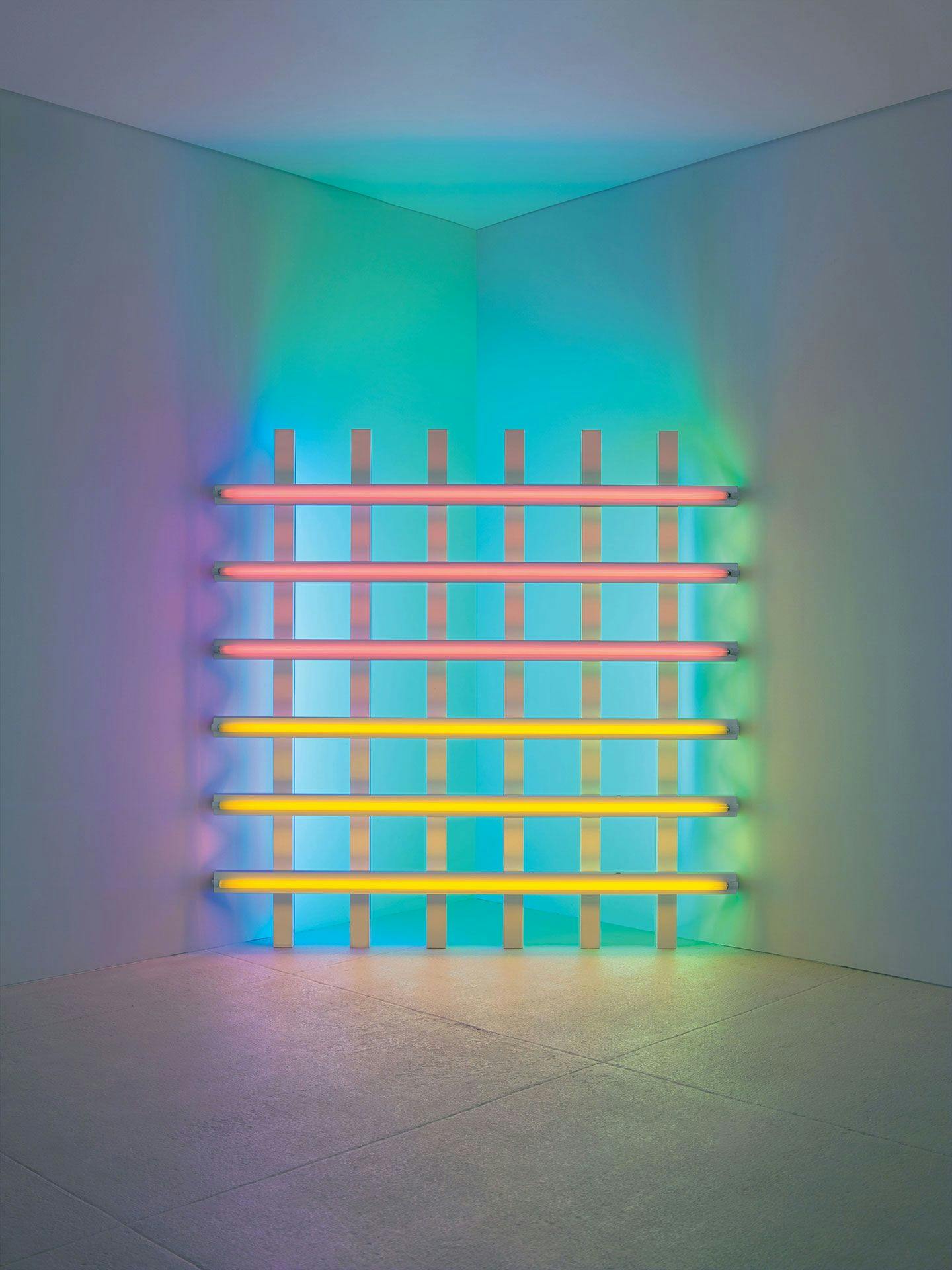 A corner sculpture in pink, yellow, blue, and green fluorescent light by Dan Flavin, titled untitled (in honor of Harold Joachim) 3, dated 1977.