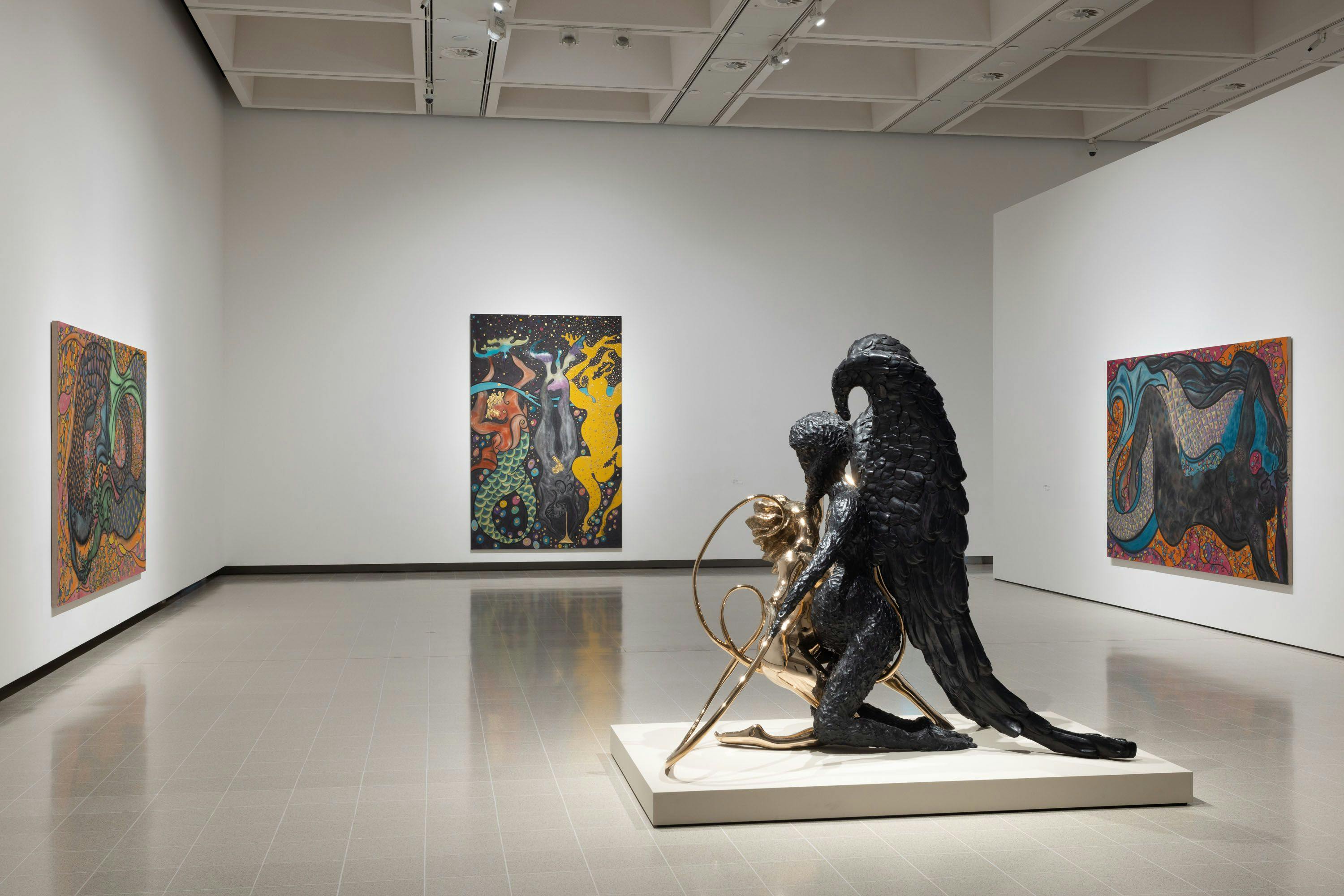 Installation view of the exhibition, Chris Ofili: In the Black Fantastic, at The Hayward Gallery in London, England, dated 2022.
