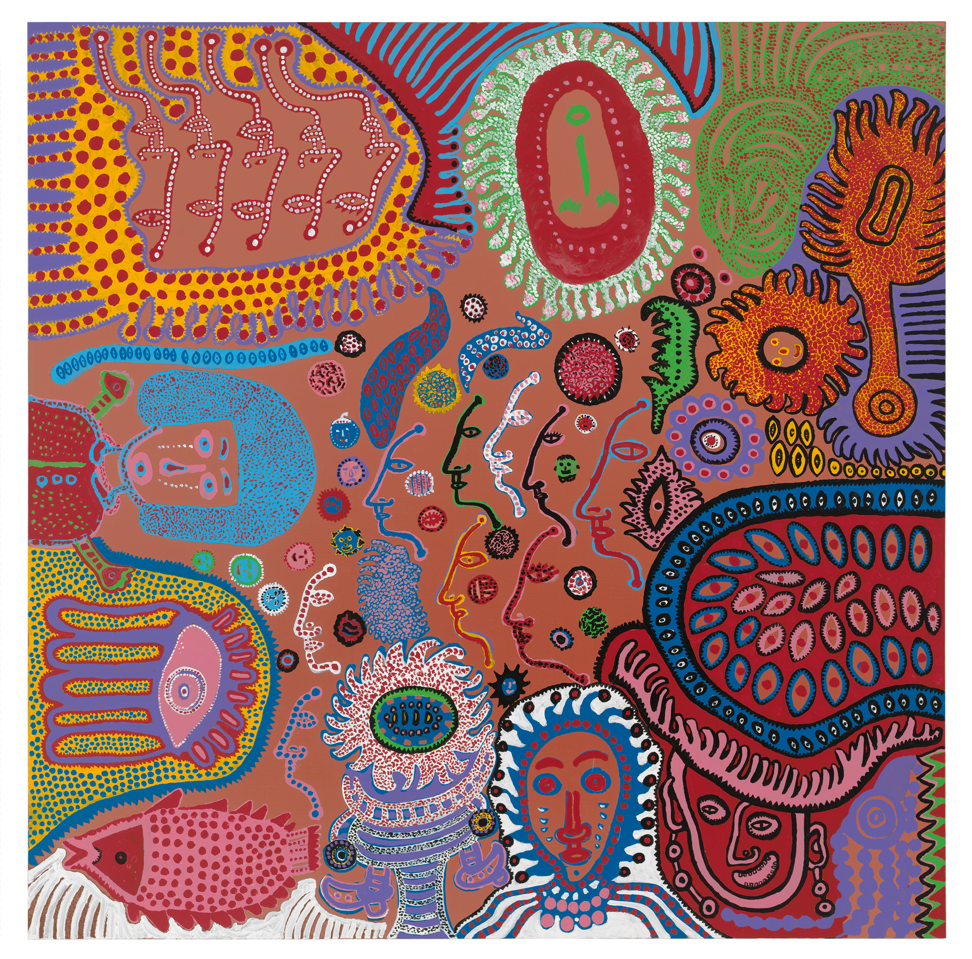 A painting by Yayoi Kusama, titled Give Me Love, dated 2015.