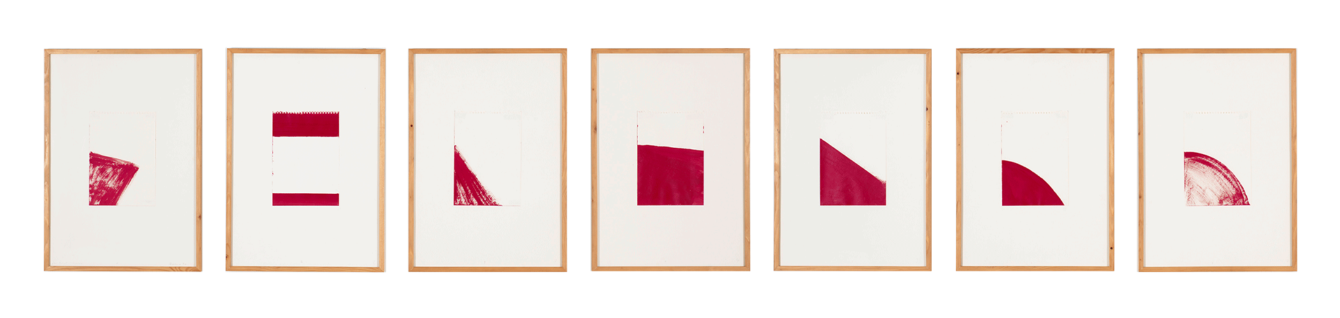 An installation view of drawings by Palermo, titled 1-7 Untitled (for Babette), dated 1976.