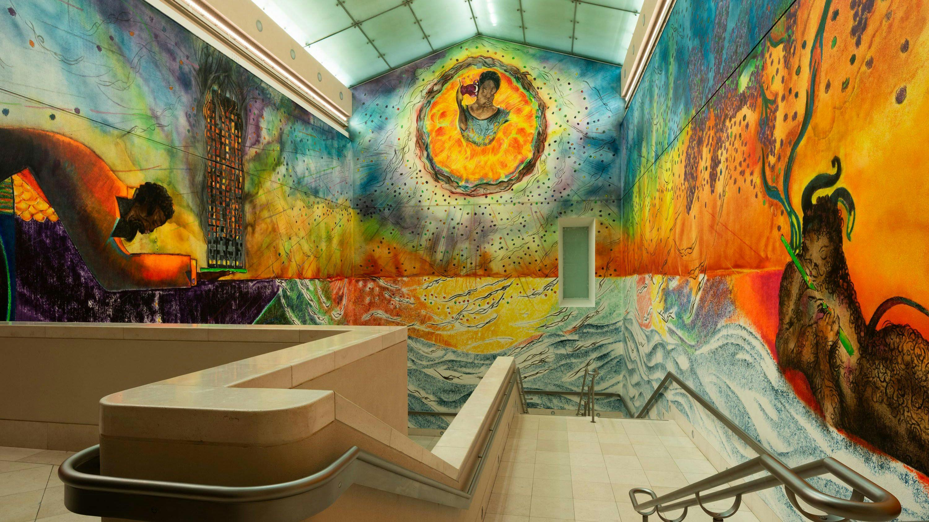 Installation view of the exhibition, Chris Ofili, Requiem, at Tate Britain’s north staircase in London, dated 2023.