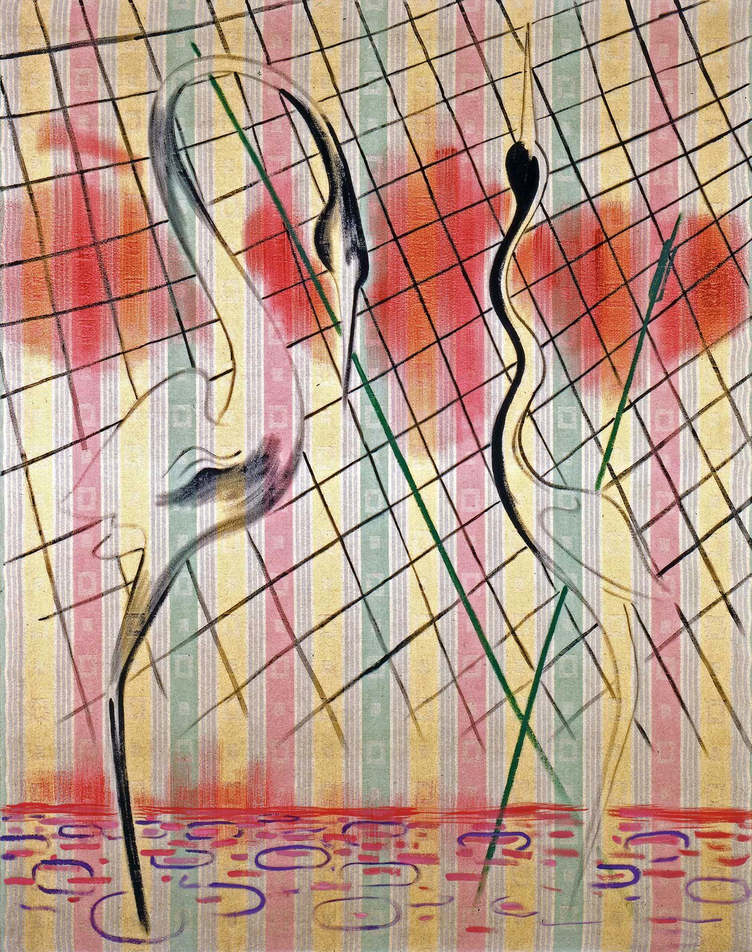 A painting by Sigmar Polke titled Reiherbild I, translated as Heron Painting I, dated 1968.