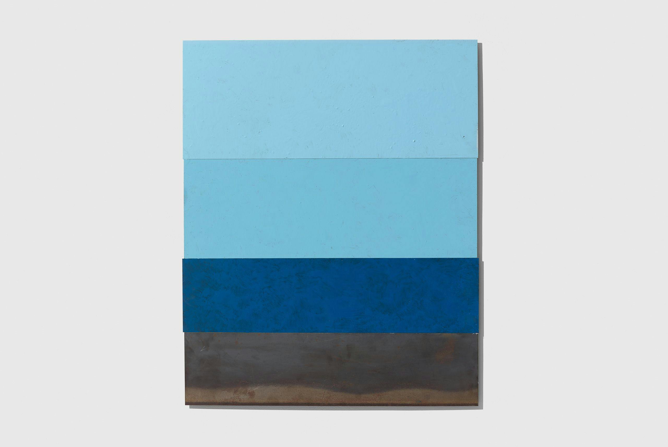 A steel painting by Merrill Wagner titled One Square Equals Three Blues dated 2013