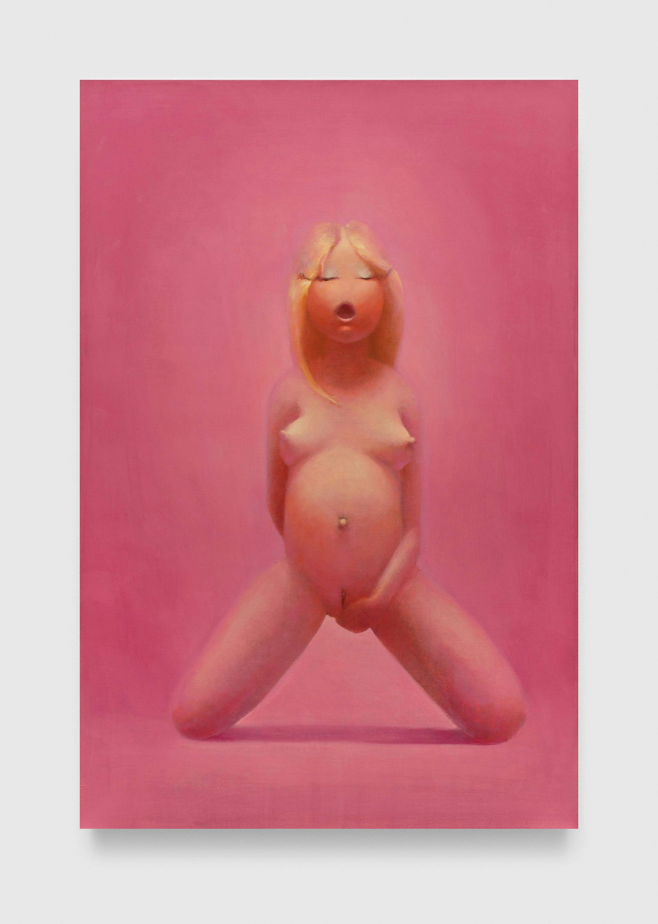 A painting by Lisa Yuskavage, titled Big Blonde Jerking Off, dated 1995.