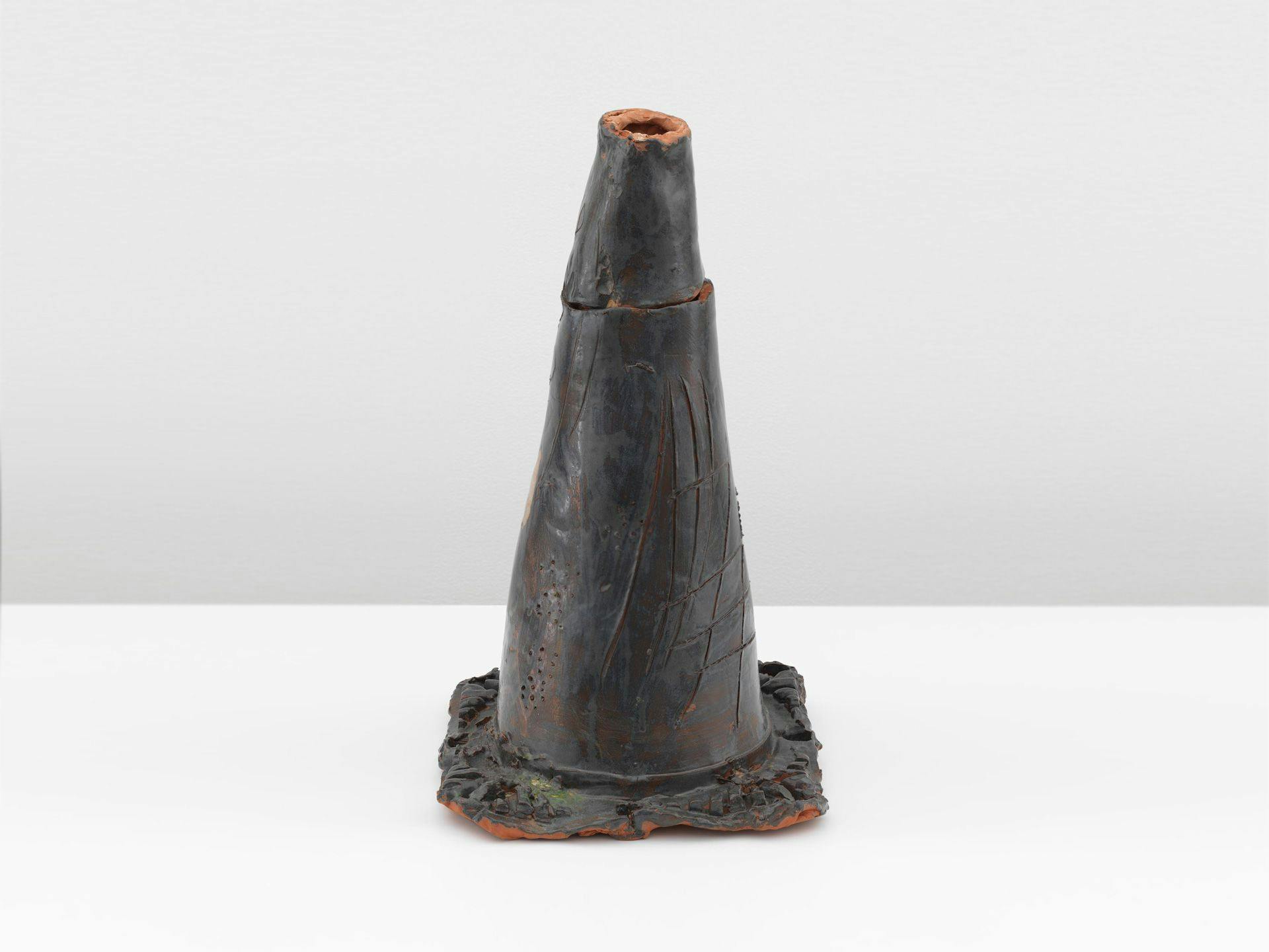 A ceramic sculpture by Josh Smith, titled Traffic Cone 12, dated 2019.