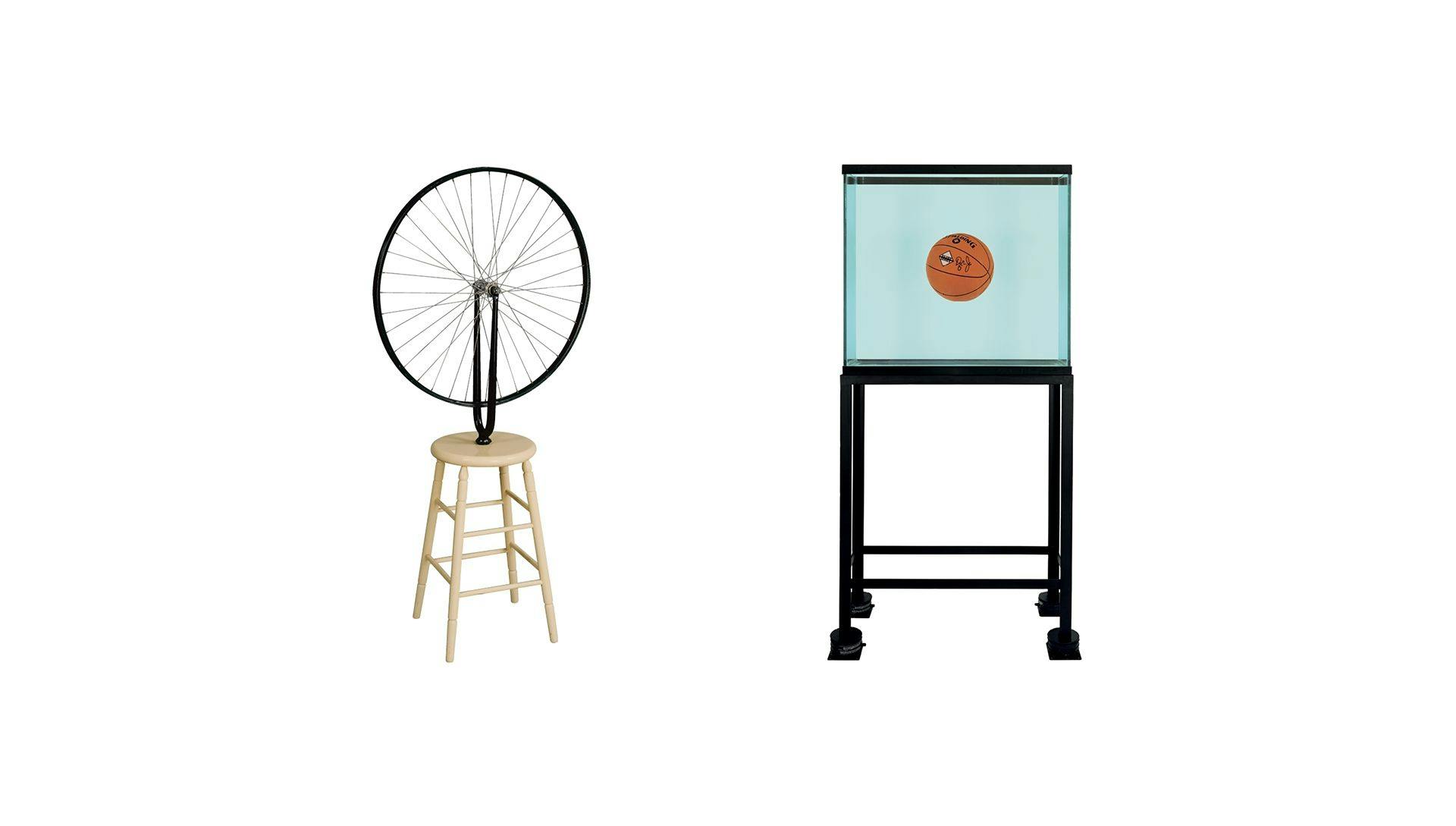 "Left: a sculpture by Marcel Duchamp, titled Roue de Bicyclette, dated 1913 Right: a sculpture by Jeff Koons, titled One Ball Total Equilibrium Tank (Spalding Dr. J Silver Series), dated 1985.