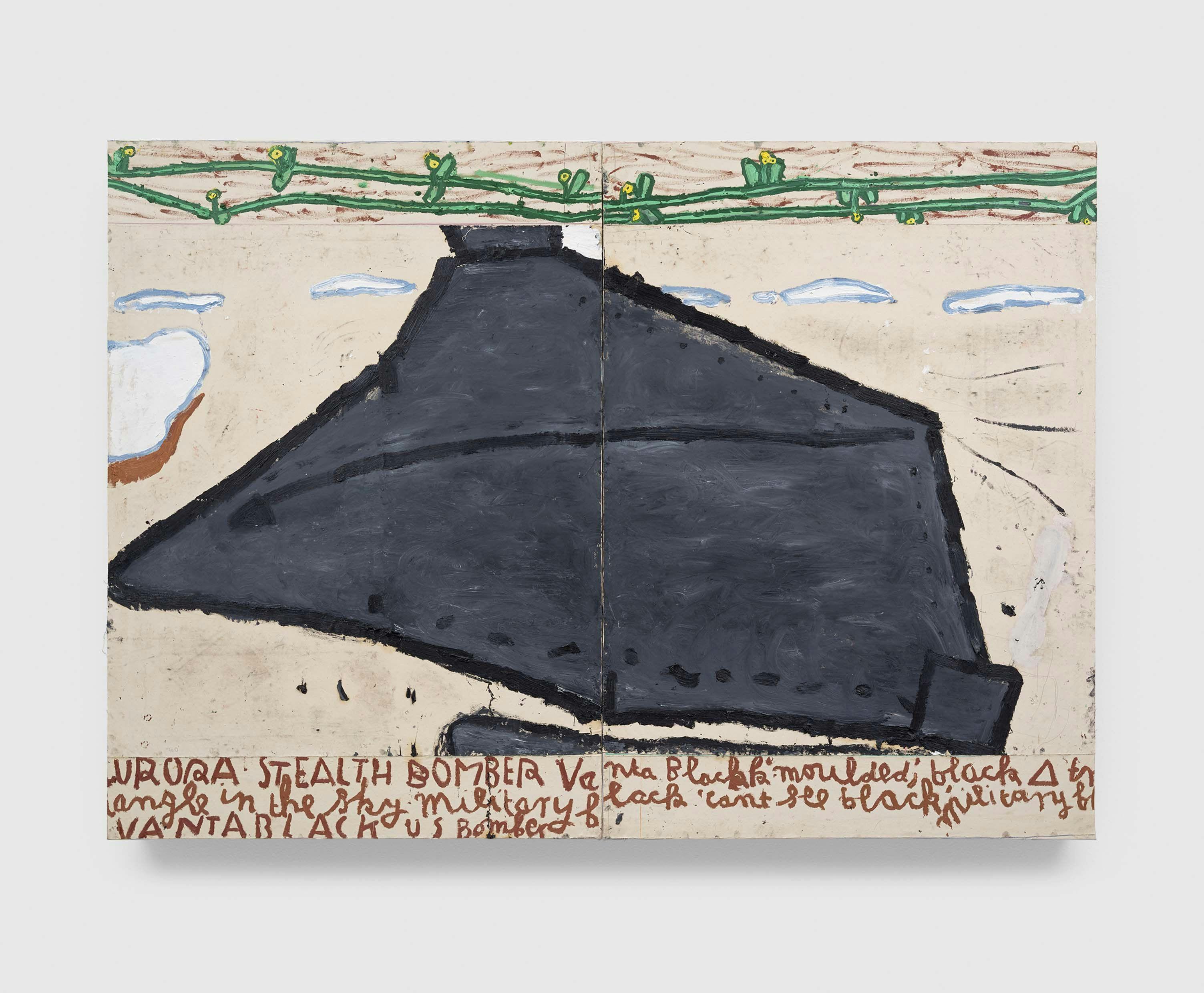 A painting by Rose Wylie, titled Stealth Bomber, dated 2016.