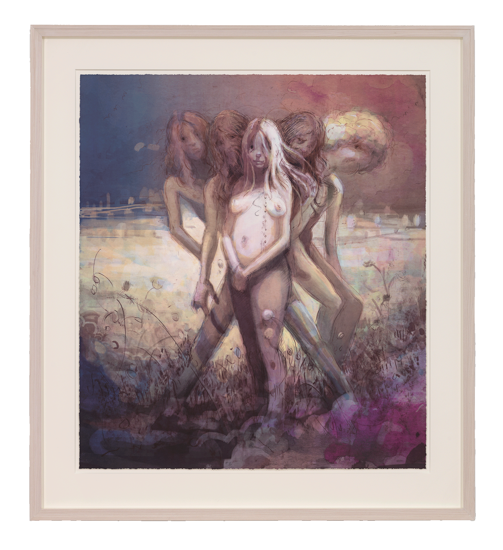 A framed print by Lisa Yuskavage, titled Hippies in Tit Heaven, dated 2015.