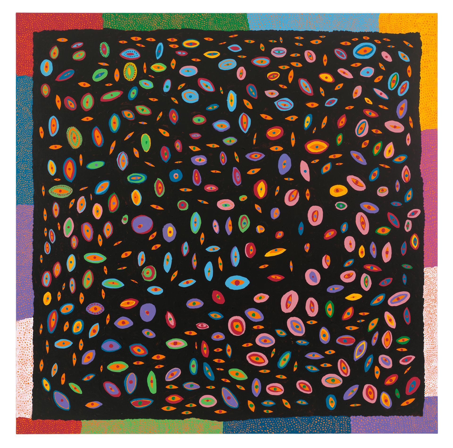 A painting by Yayoi Kusama, titled FEAR OF YOUTH OVERWHELMED BY THE SPRINGTIME OF LIFE, dated 2014.