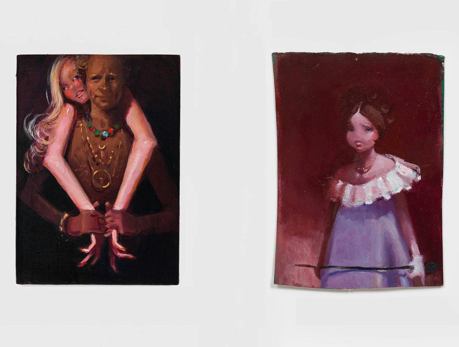 Two artworks by Lisa Yuskavage, titled Golden Couple, dated 2017 on the left, Lisa Yuskavage, titled Girl with Whip, dated 1997 on the right