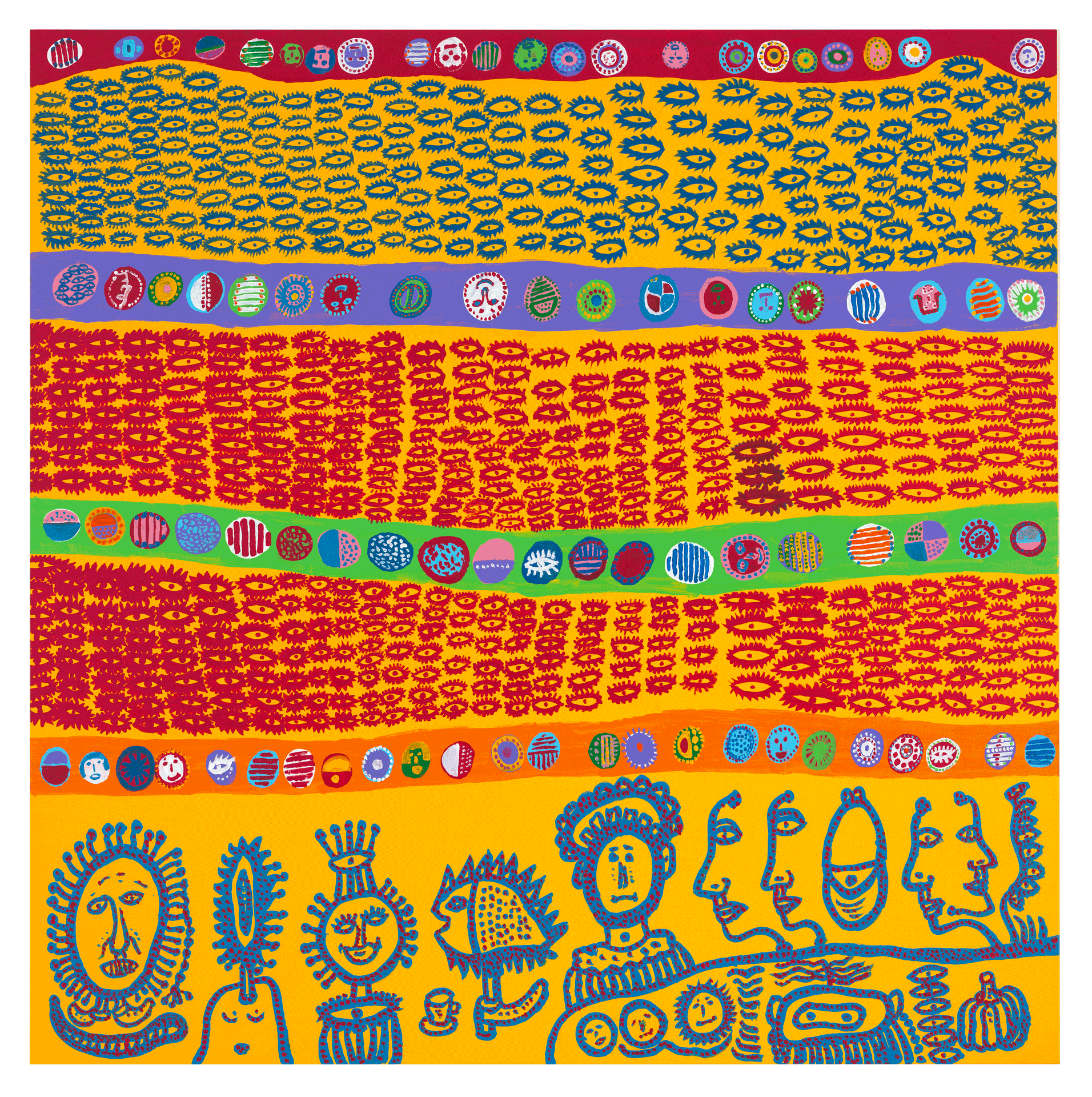 A painting by Yayoi Kusama, titled PARTY IN THE DEAD OF NIGHT‚Äã, dated 2013. 
