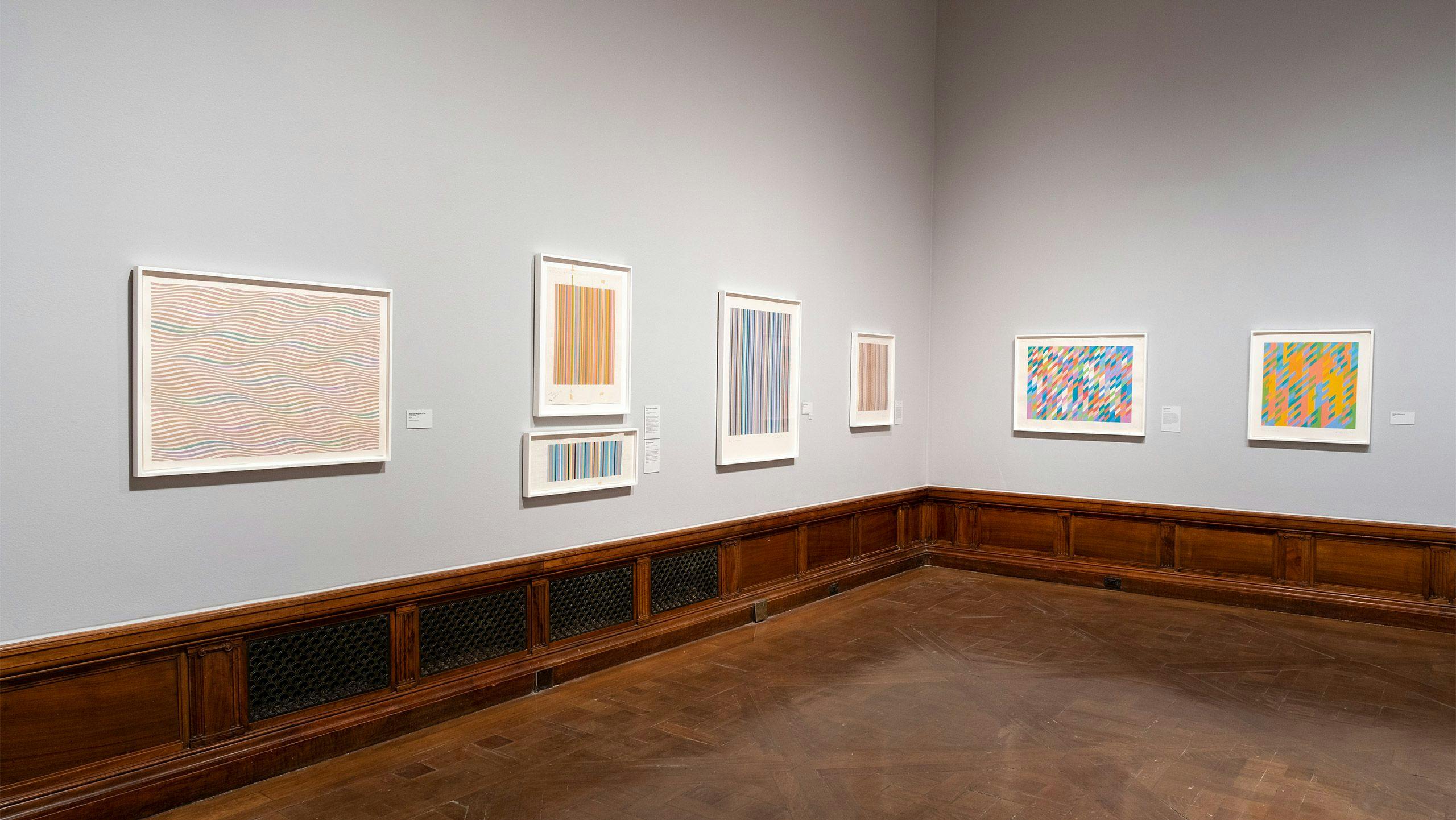 Installation view of the exhibition, Bridget Riley Drawings: From the Artist’s Studio, at the Morgan Library and Museum in New York, dated 2023.