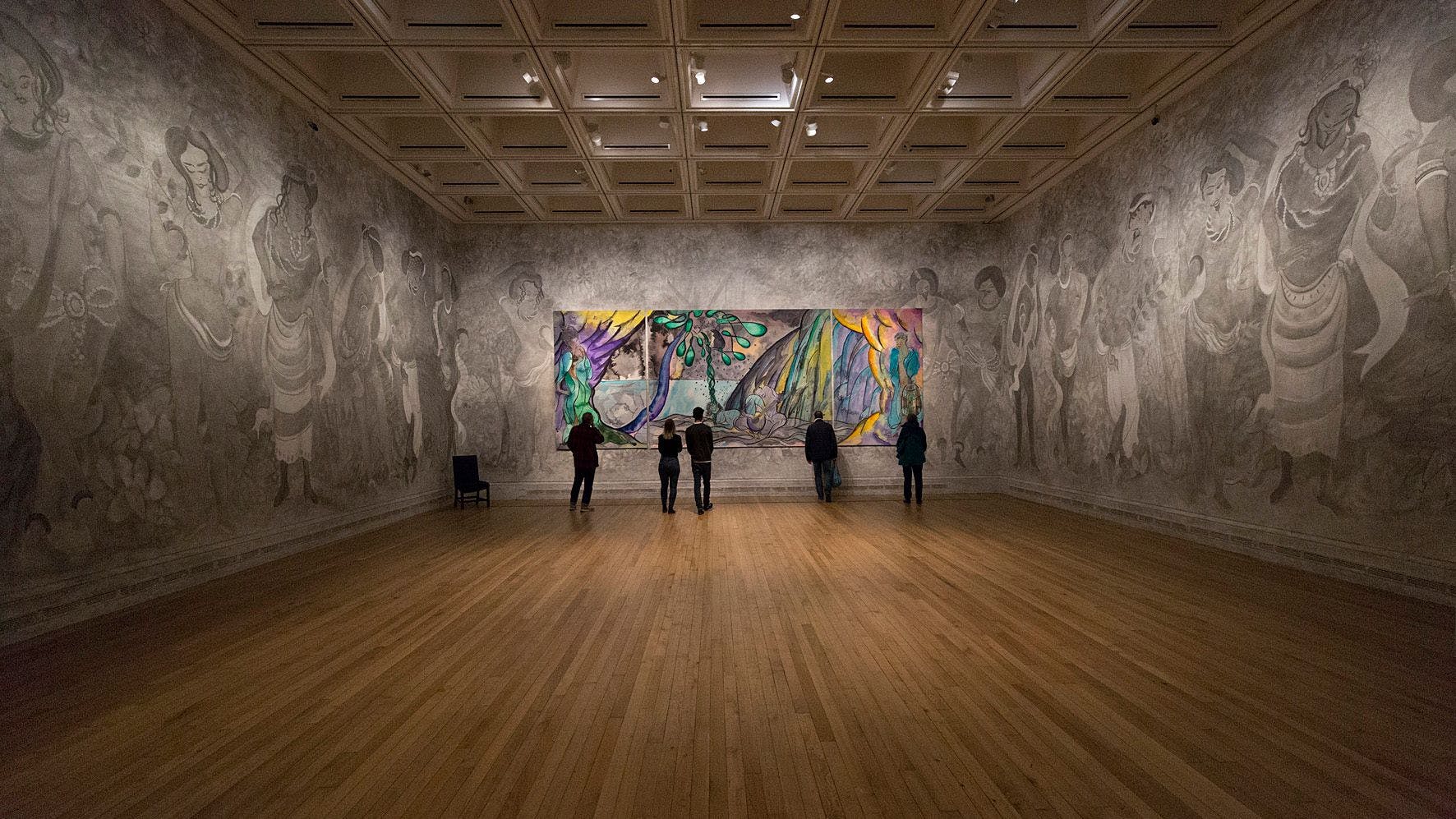 Installation view of the exhibition, Chris Ofili: Weaving Magic, at The National Gallery in London, dated 2017.