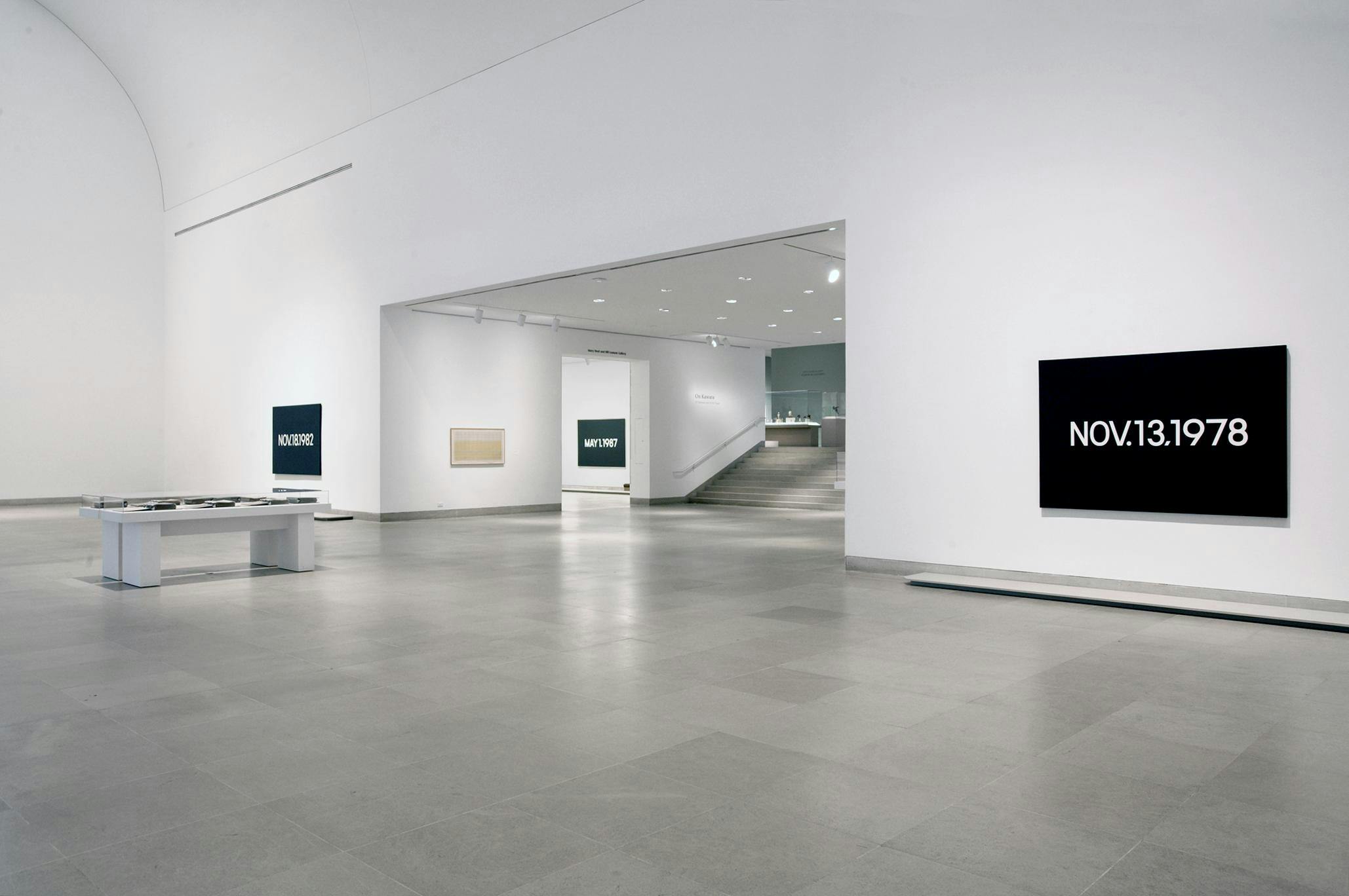 Installation view of the exhibition, On Kawara: 10 Tableaux and 16,952 Pages, at Dallas Museum of Art, in Dallas, dated 2008.