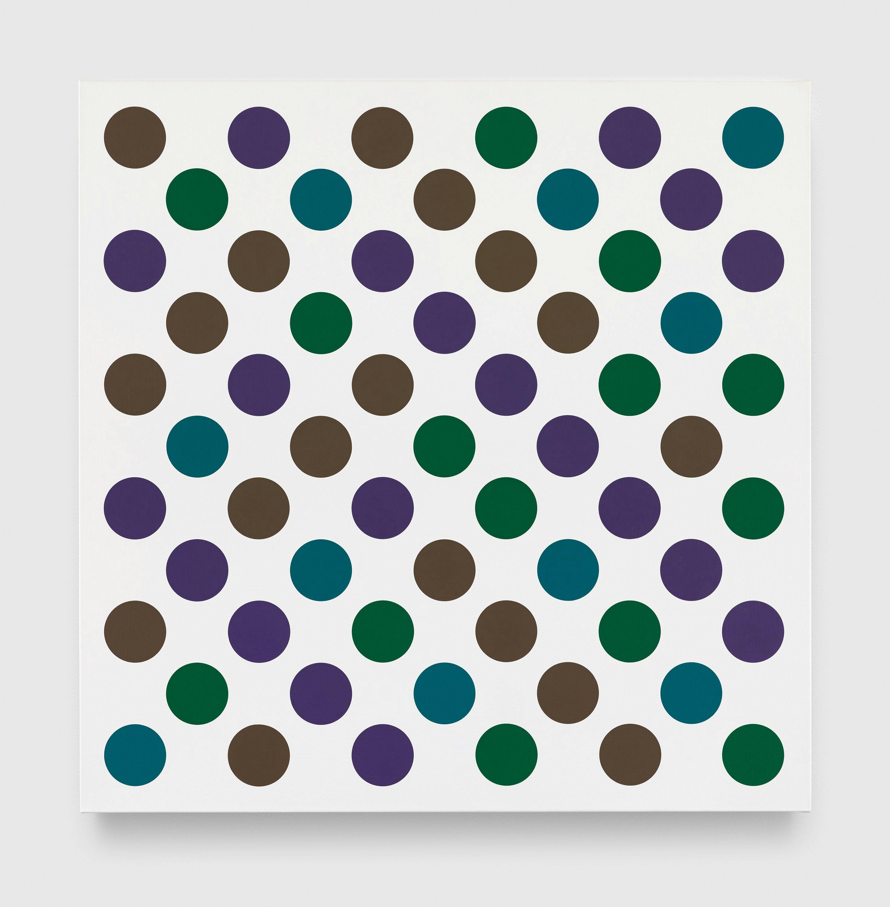 A painting by Bridget Riley, titled Measure for Measure Dark with Turquoise 6, dated 2021.