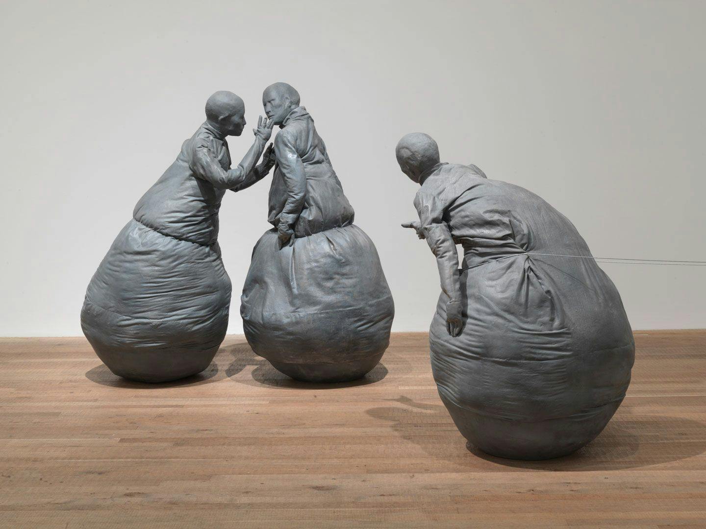 A mixed media sculptural installation by Juan Munoz, titled Conversation Piece, dated 1996, at Tate Modern, in London, England, in 2008. 